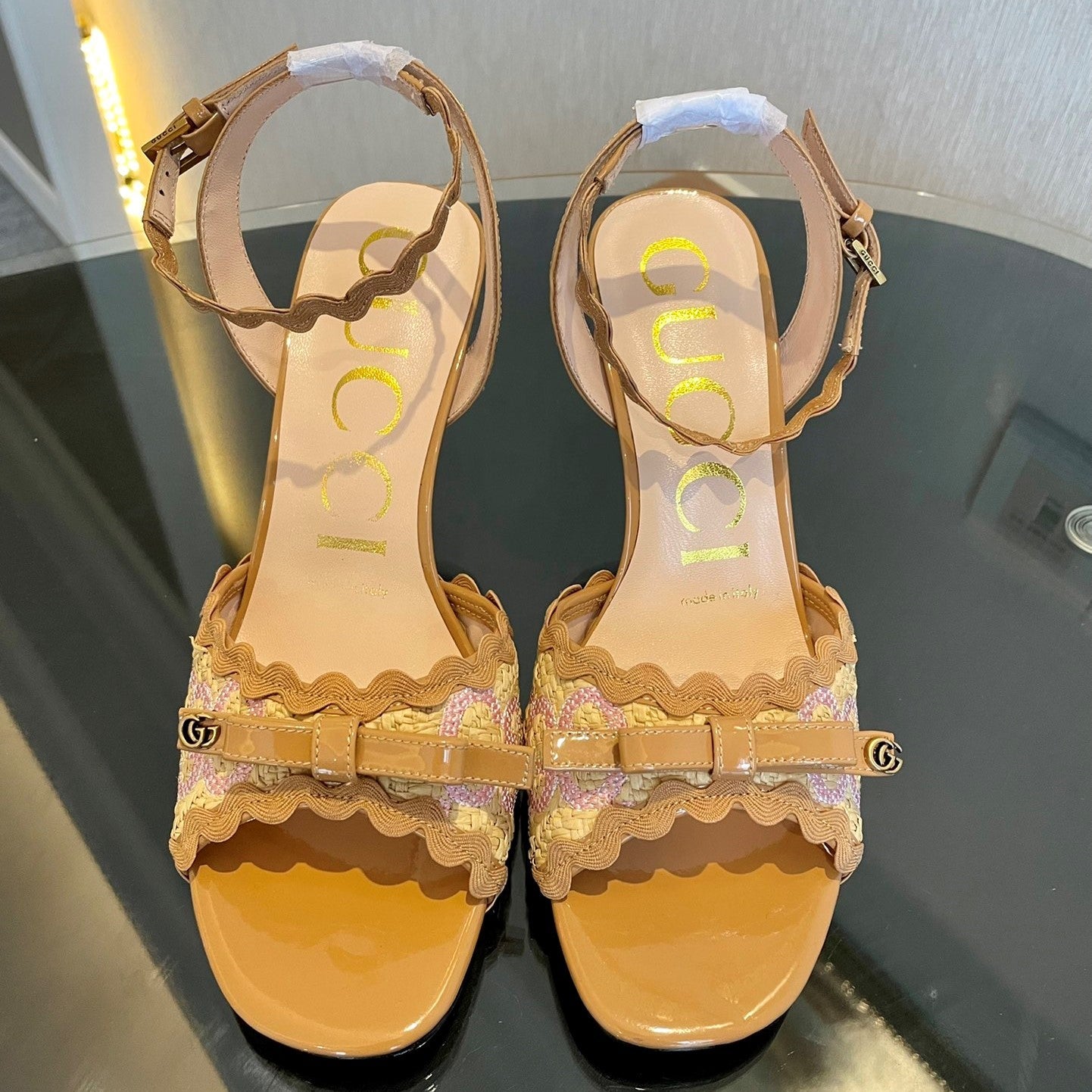 GG Kertu Heel Sandals 8cm Beige Raffia Leather 695682