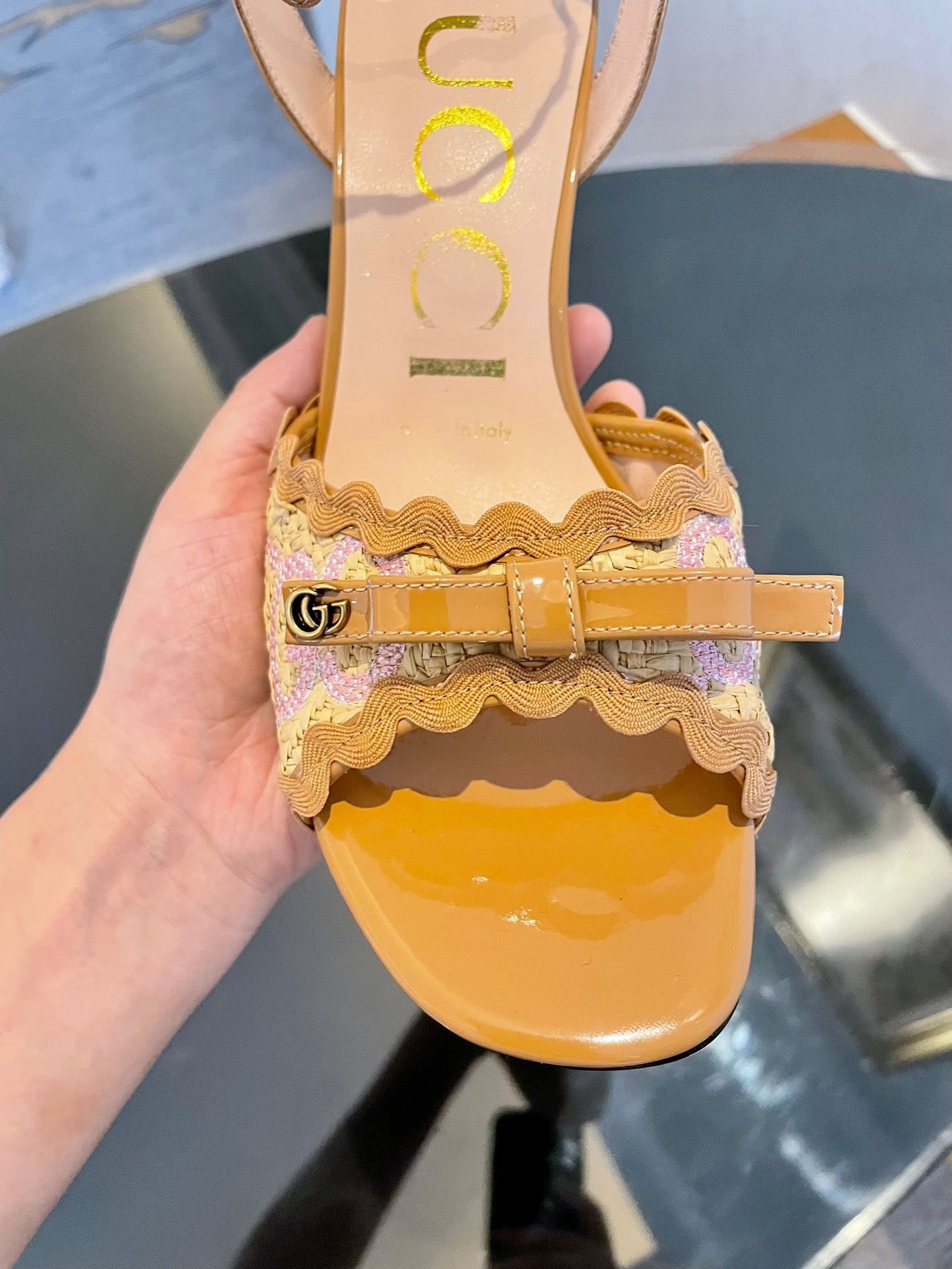 GG Kertu Heel Sandals 8cm Beige Raffia Leather 695682