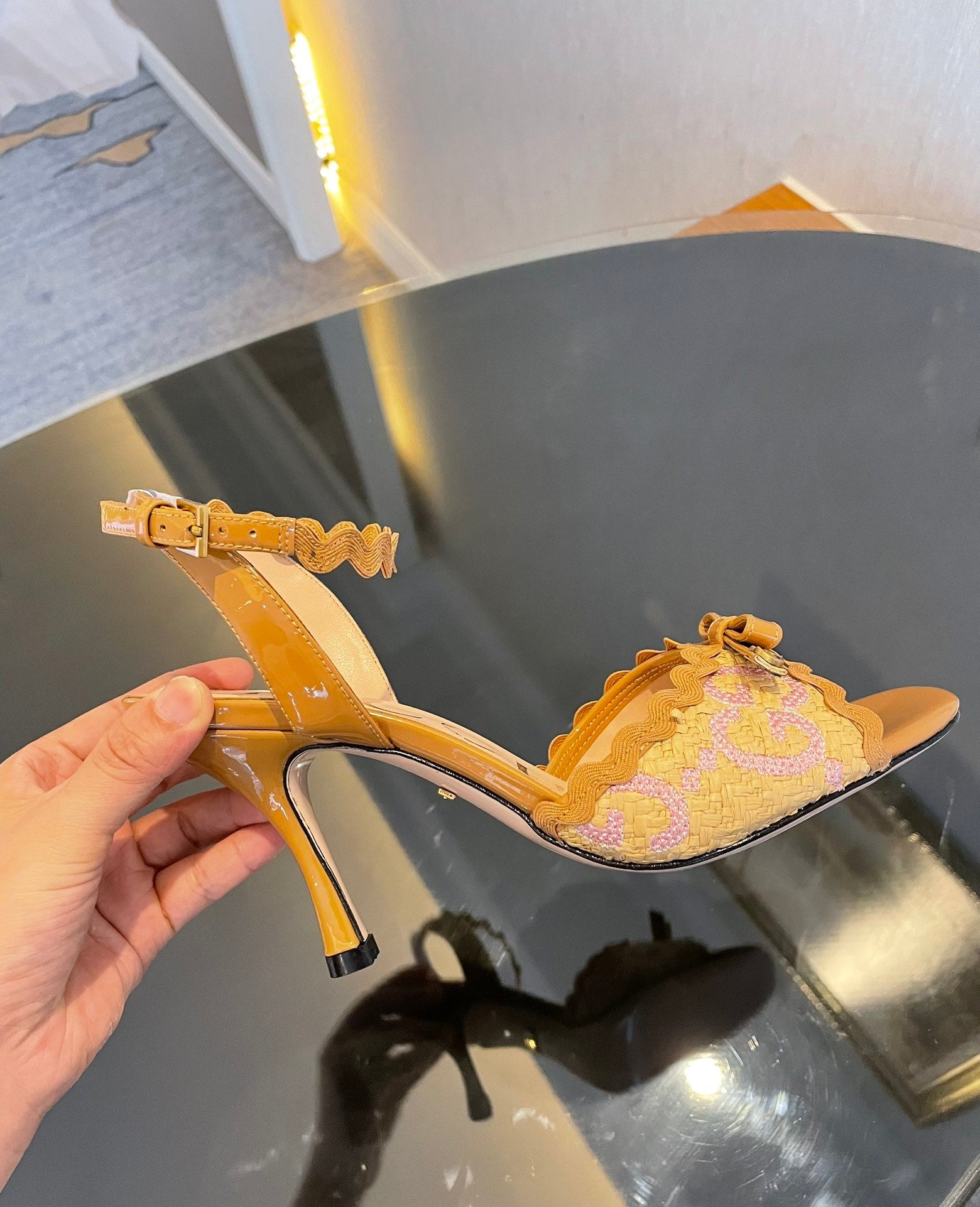 GG Kertu Heel Sandals 8cm Beige Raffia Leather 695682