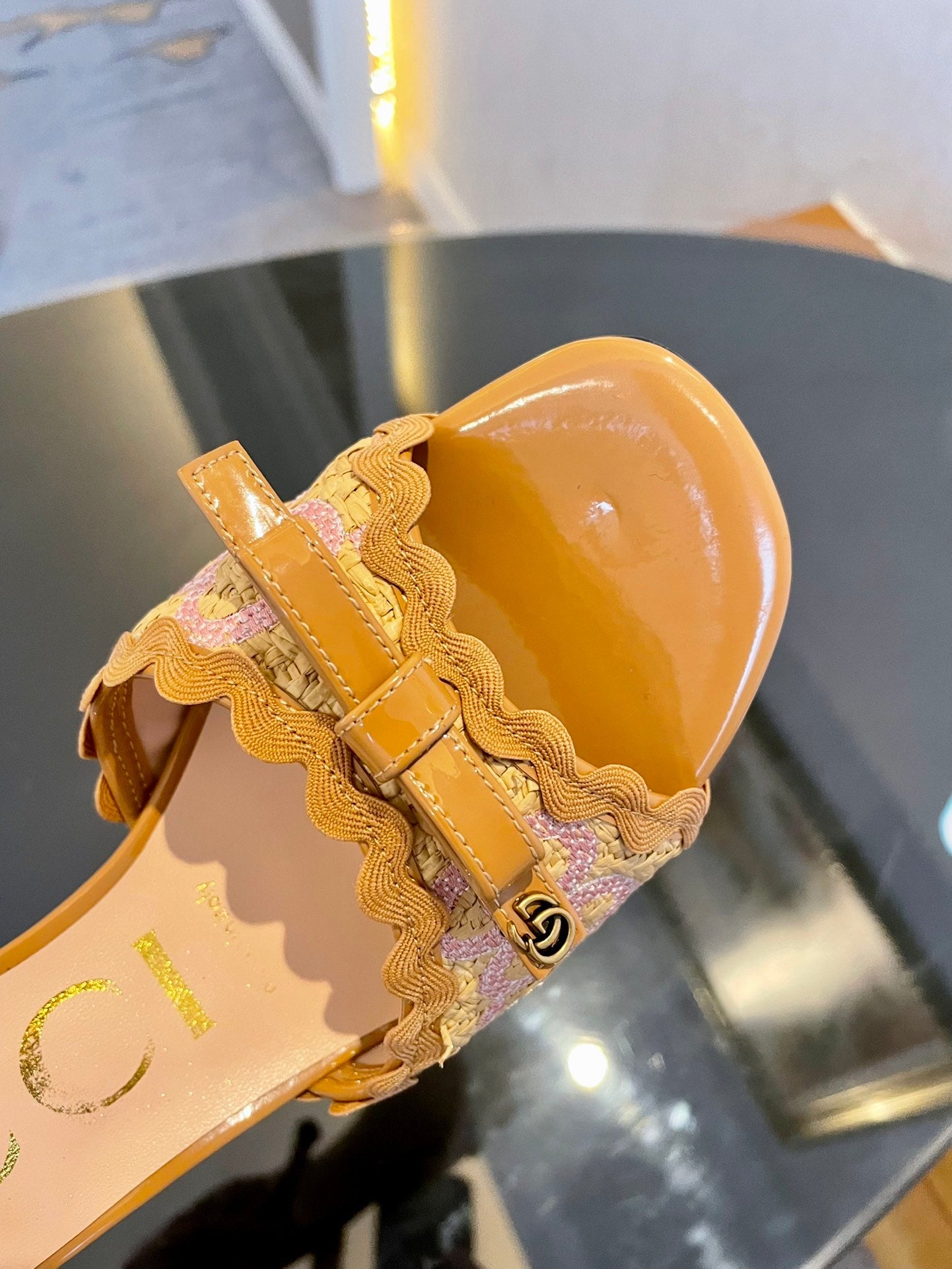 GG Kertu Heel Sandals 8cm Beige Raffia Leather 695682