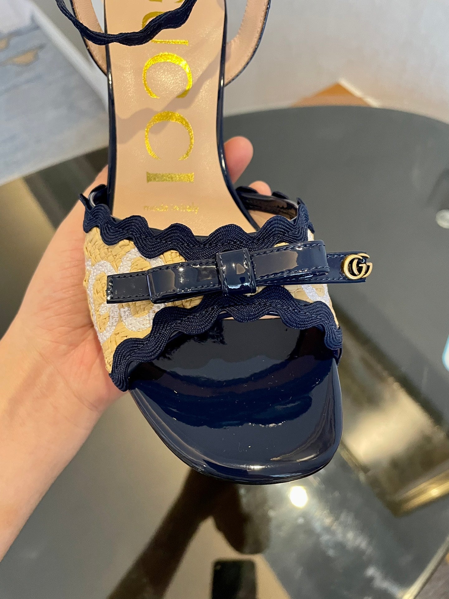 GG Kertu Heel Sandals 8cm Beige Blue Raffia Leather 695683