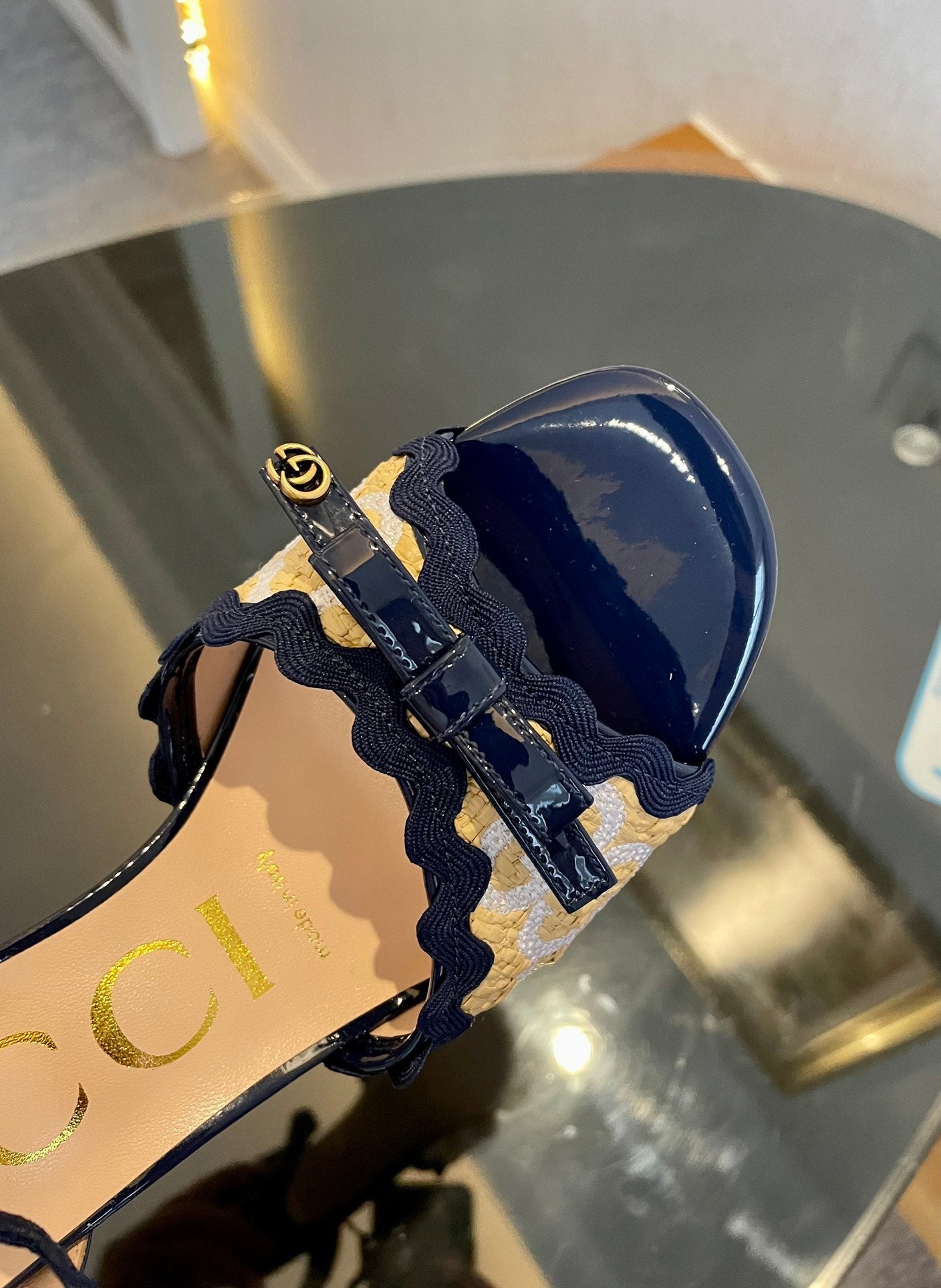 GG Kertu Heel Sandals 8cm Beige Blue Raffia Leather 695683