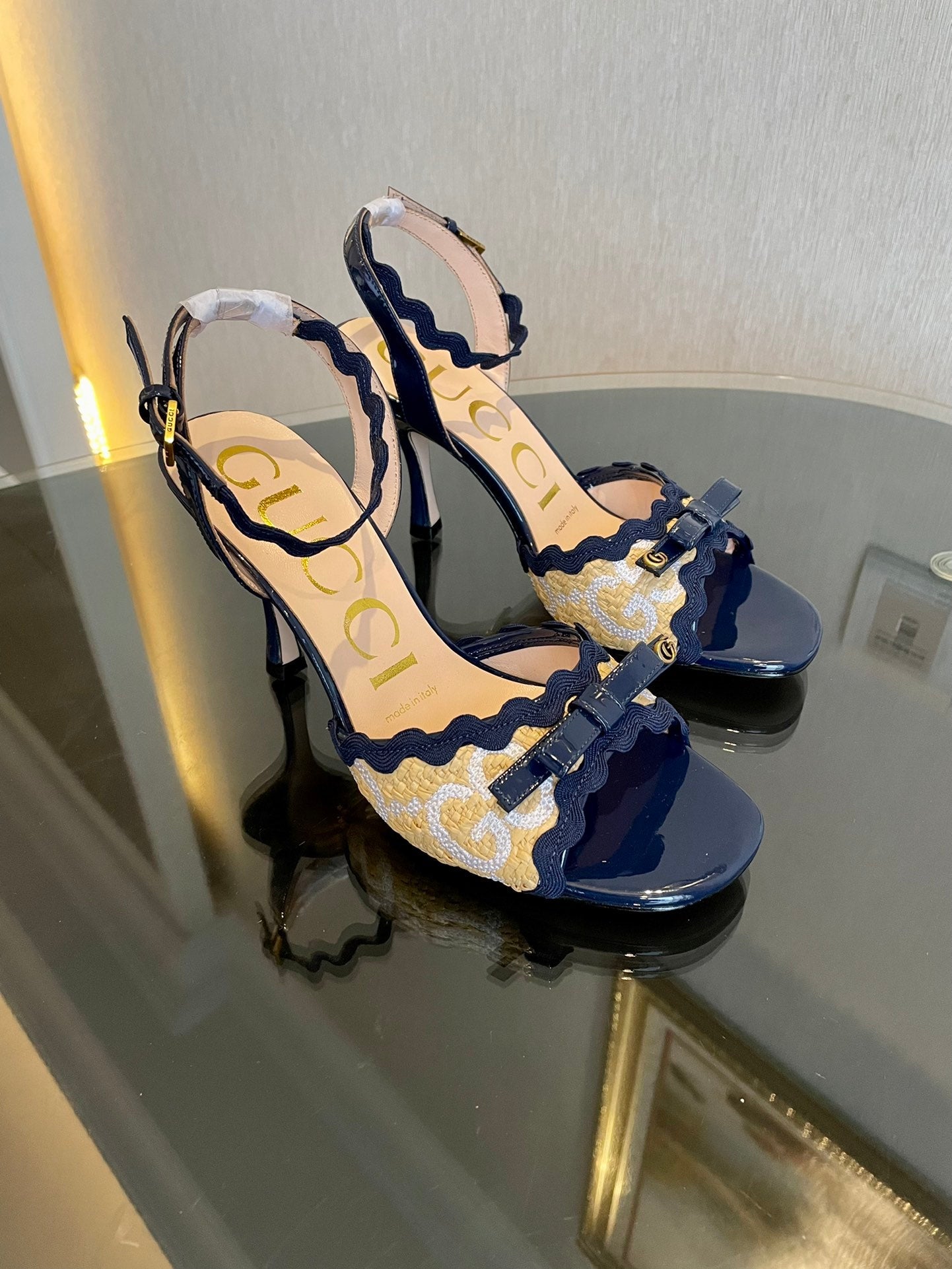 GG Kertu Heel Sandals 8cm Beige Blue Raffia Leather 695683