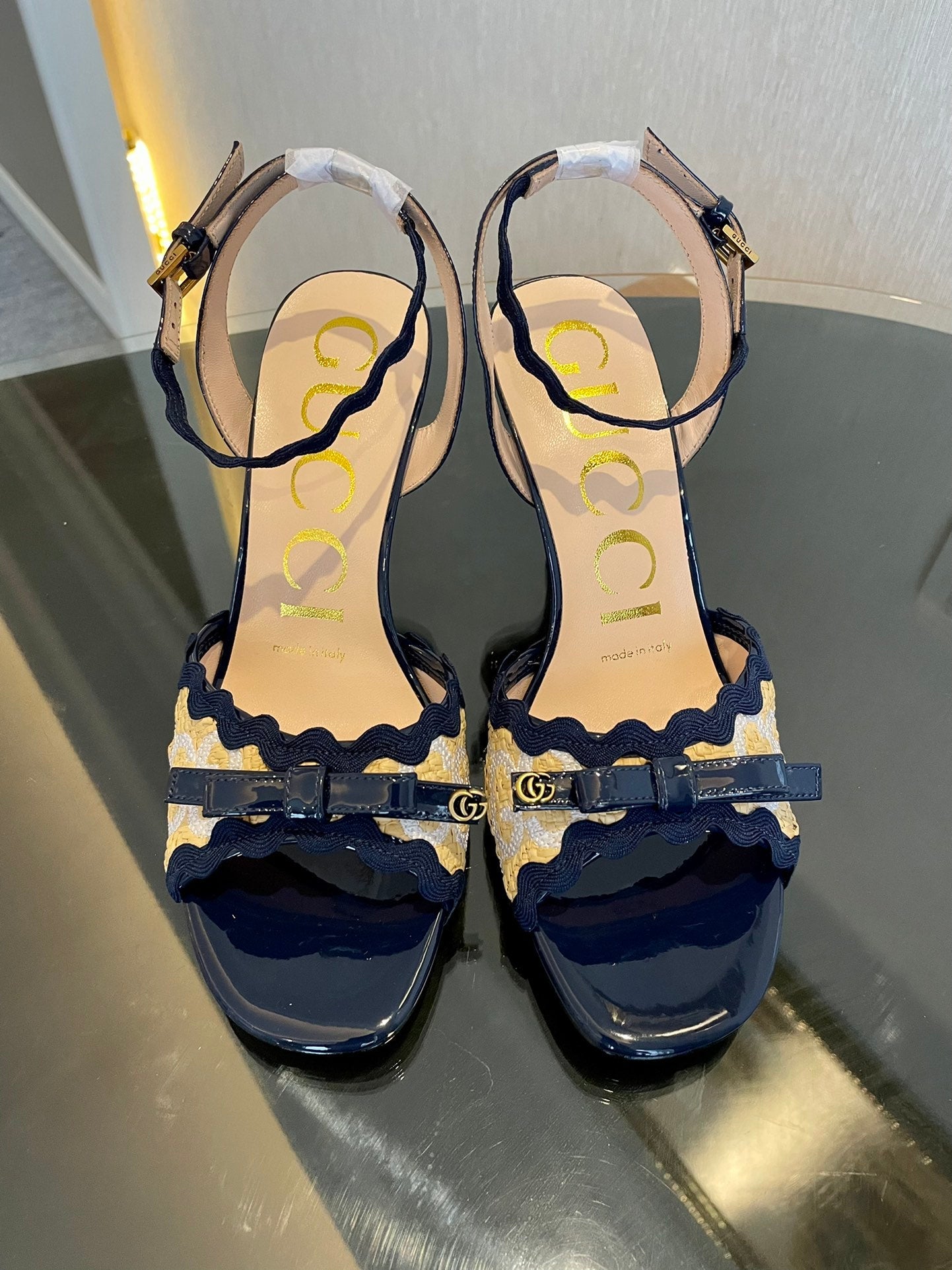 GG Kertu Heel Sandals 8cm Beige Blue Raffia Leather 695683