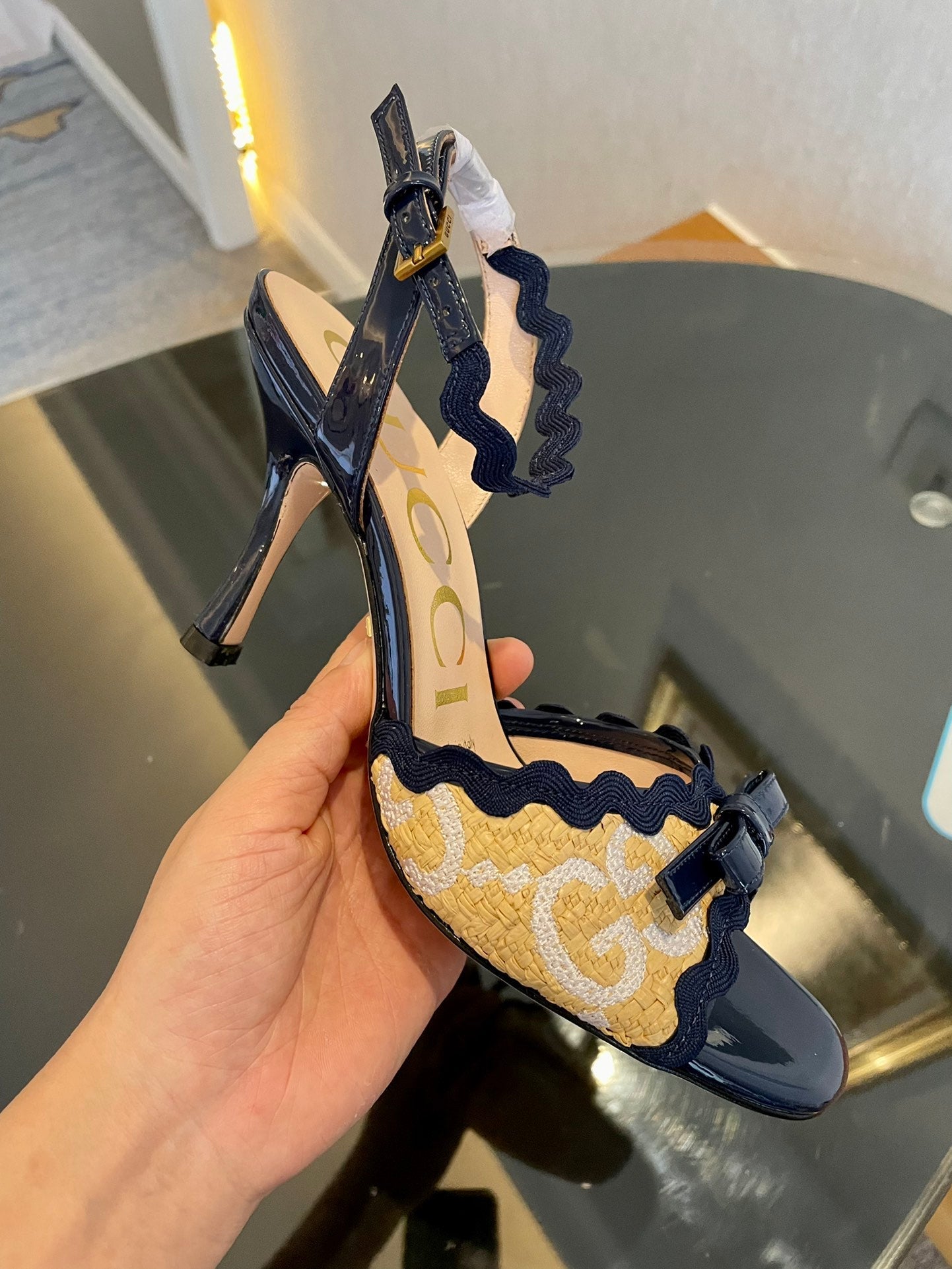 GG Kertu Heel Sandals 8cm Beige Blue Raffia Leather 695683