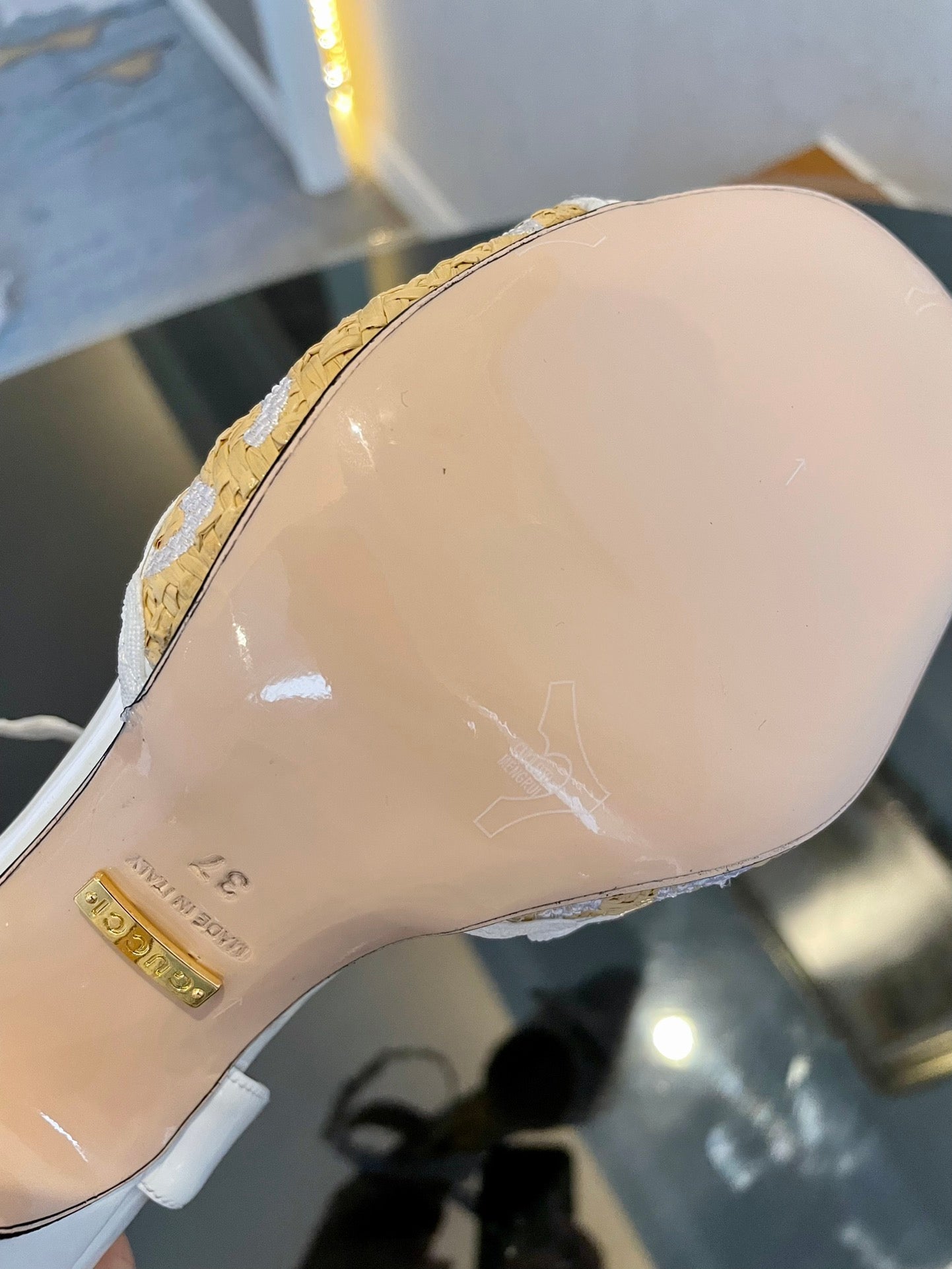 GG Kertu Heel Sandals 8cm Beige White Raffia Leather 695684