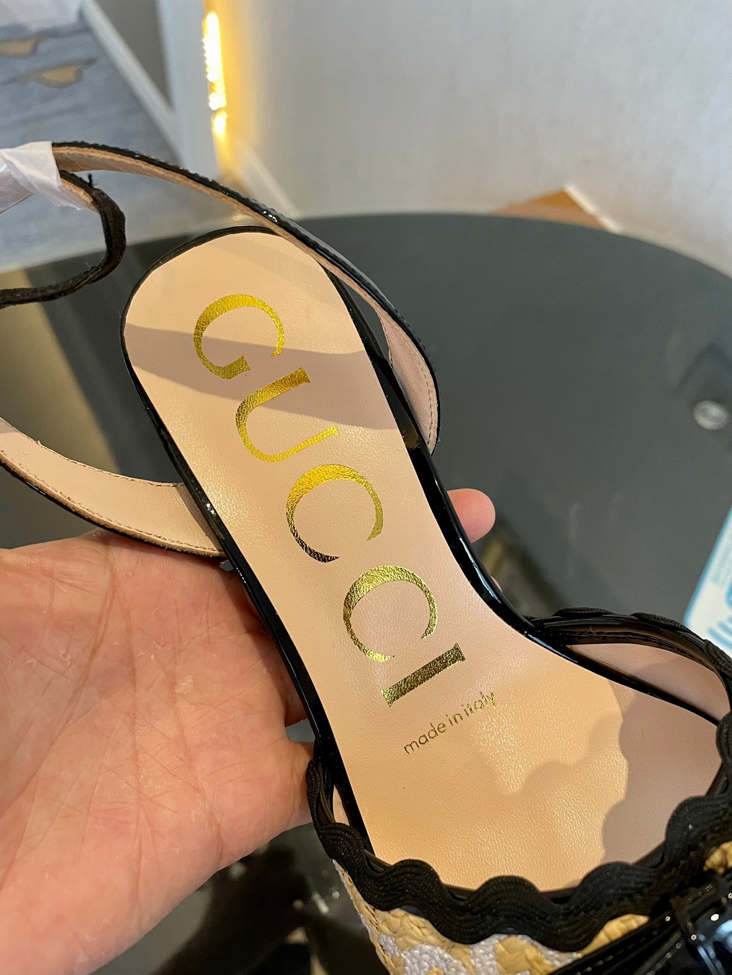 GG Kertu Heel Sandals 8cm Beige Black Raffia Leather 695685