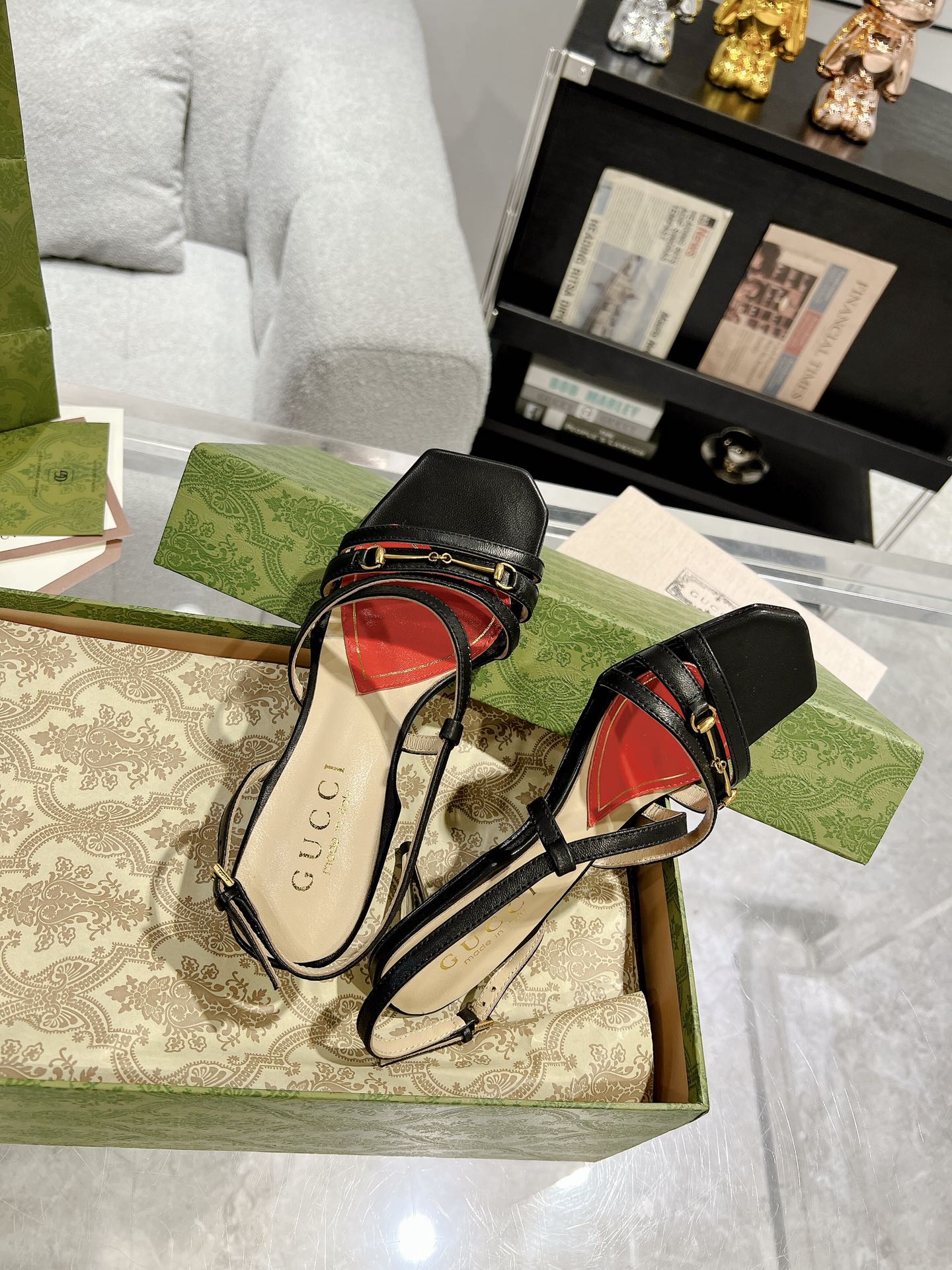 GG CLASSIC STRAPPY HEEL SANDAL BLACK CALFSKIN