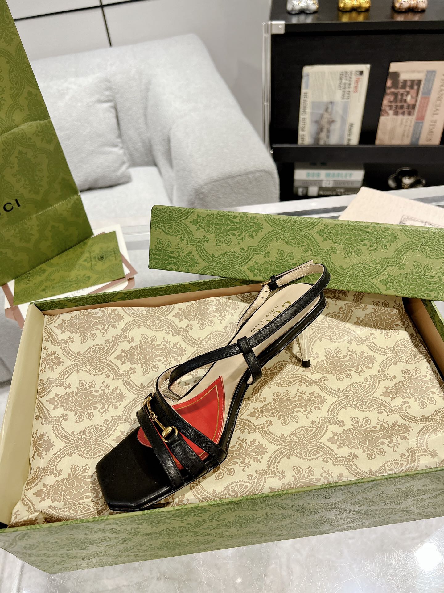 GG CLASSIC STRAPPY HEEL SANDAL BLACK CALFSKIN