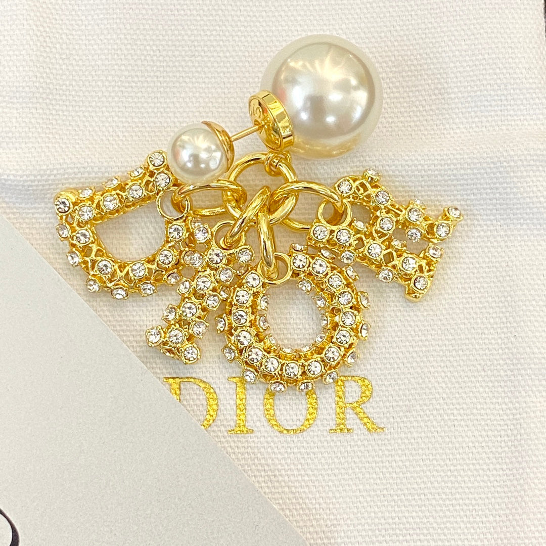 CD 26S Crystal CD Charm Pearl Drop Earrings In Gold Metal 633101