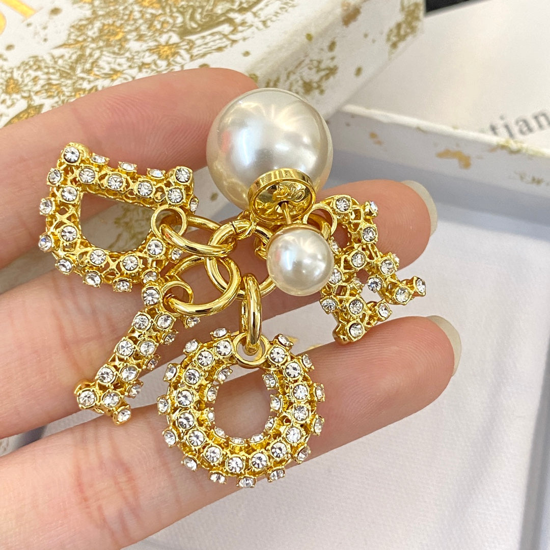 CD 26S Crystal CD Charm Pearl Drop Earrings In Gold Metal 633101
