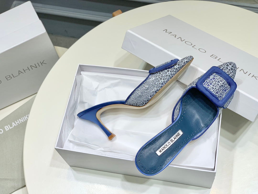 Manolo Mules 7cm Blue Hollow Lace Leather Bottom 451199