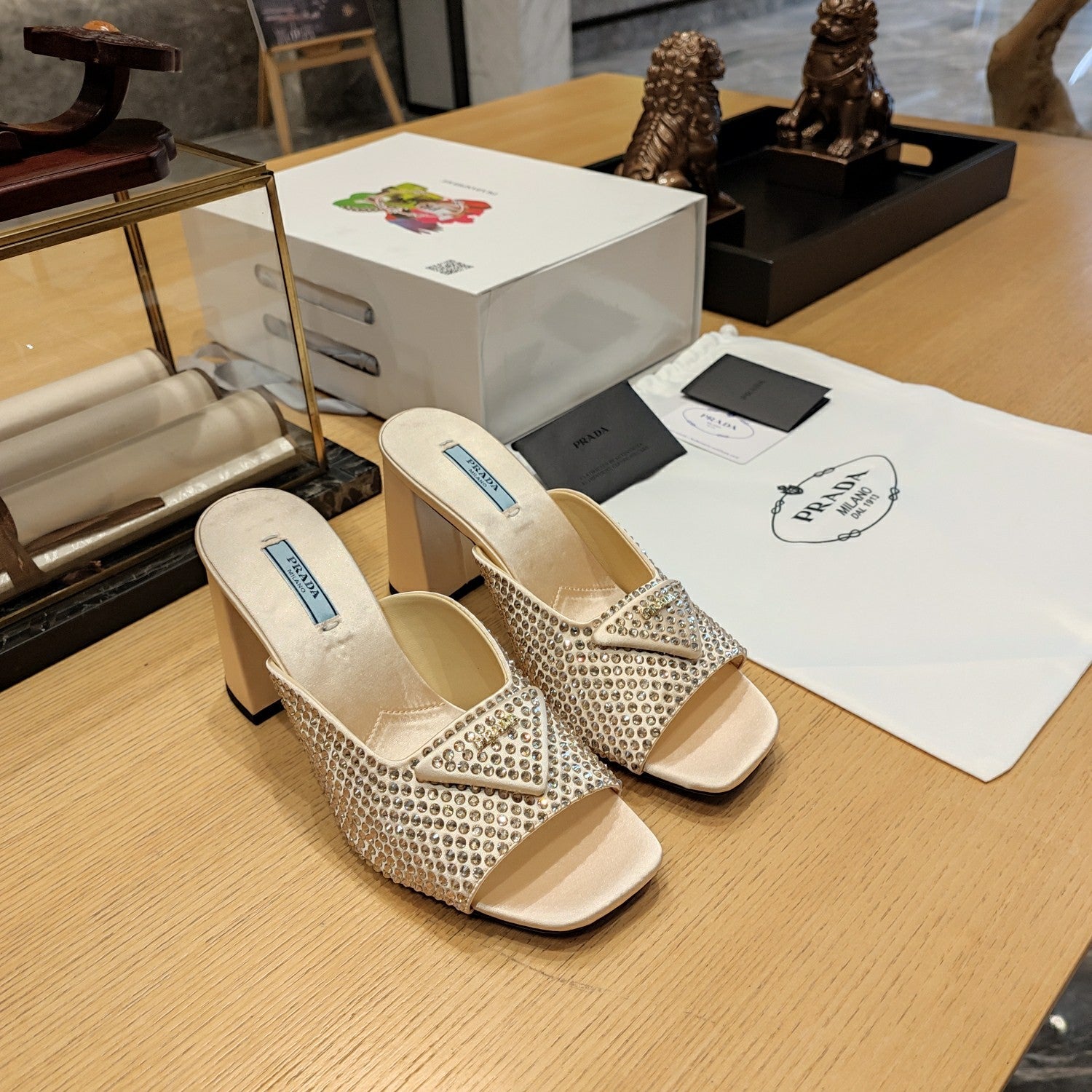 Prada 26S Open-Toe Crystal-Embellished Mules 100mm in Beige Satin