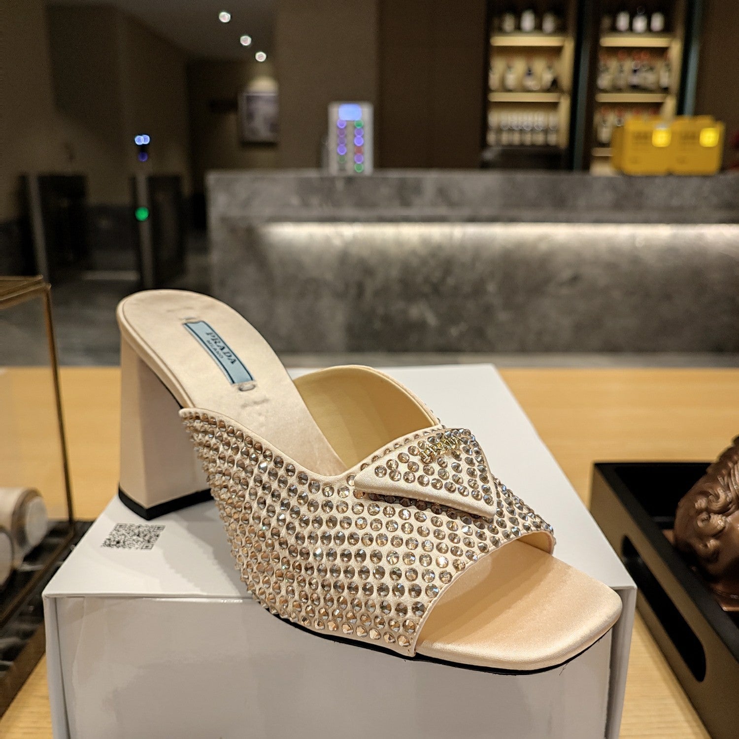 Prada 26S Open-Toe Crystal-Embellished Mules 100mm in Beige Satin