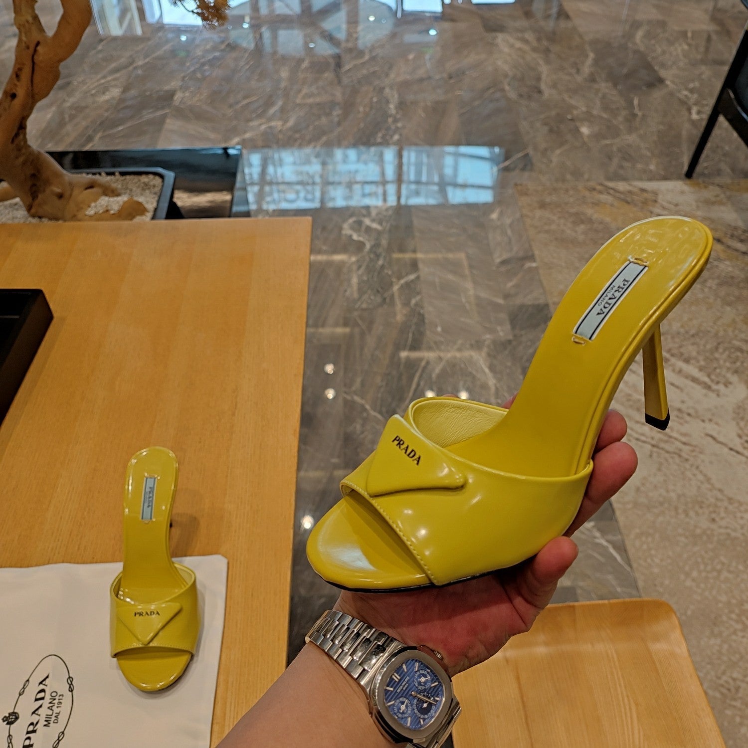 Prada 26s Open Toe Mules 100mm In Lime Yellow Patent Calfskin With Logo