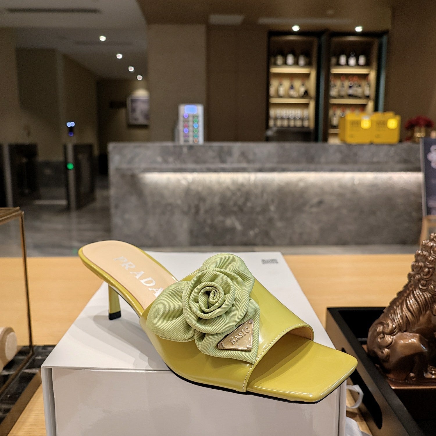 Prada 26s Open Toe Mules 45mm In Lime Yellow Patent Calfskin With Rosette