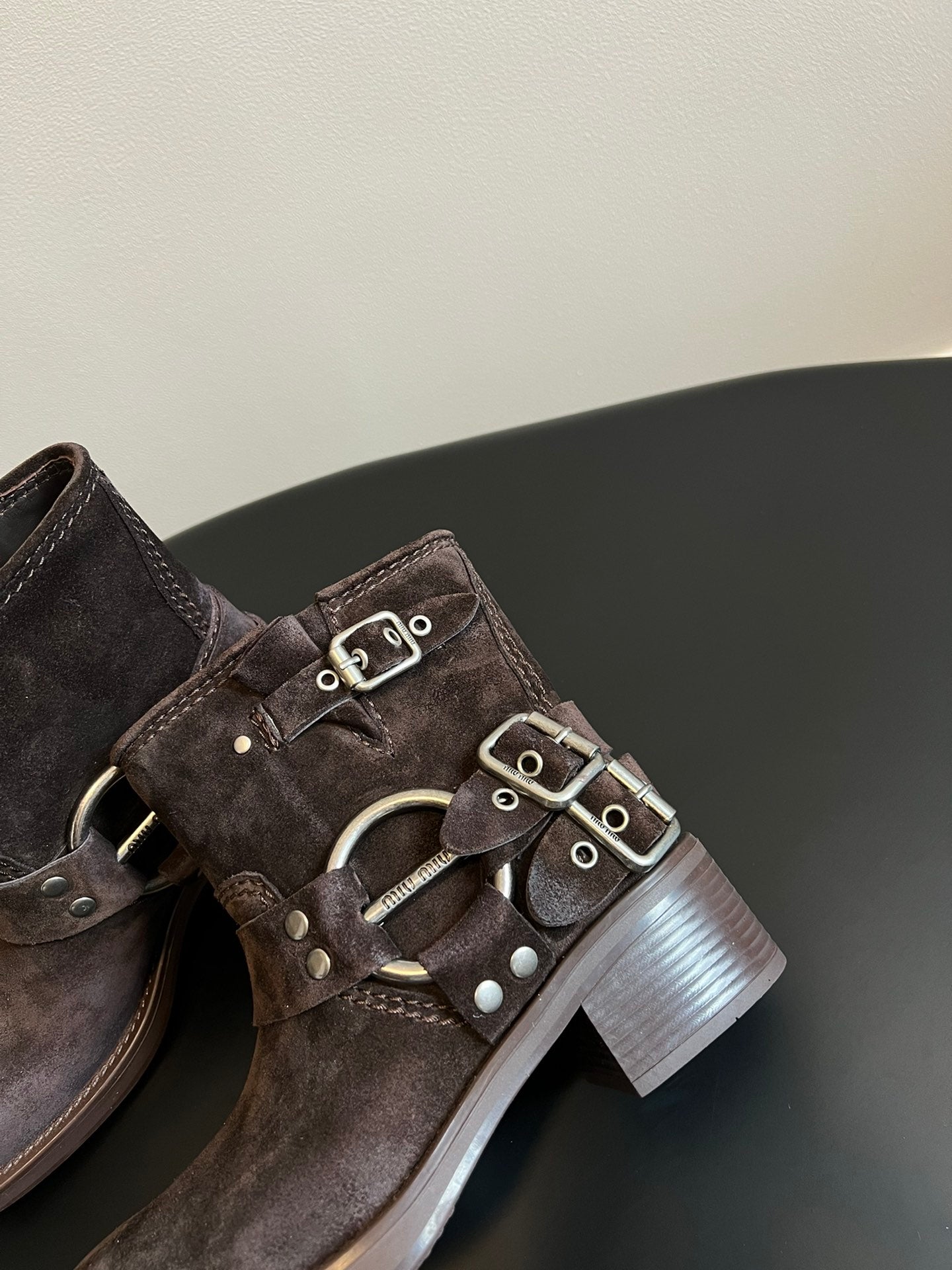Miu 26s Ankle Boots In Dark Brown Suede Silver Hardware