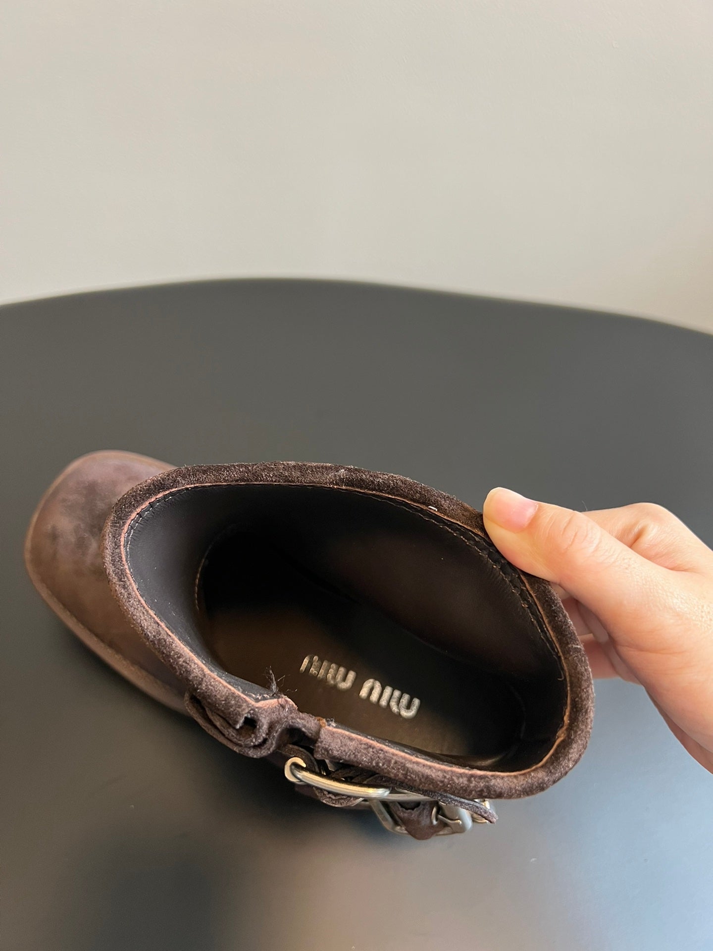 Miu 26s Ankle Boots In Dark Brown Suede Silver Hardware