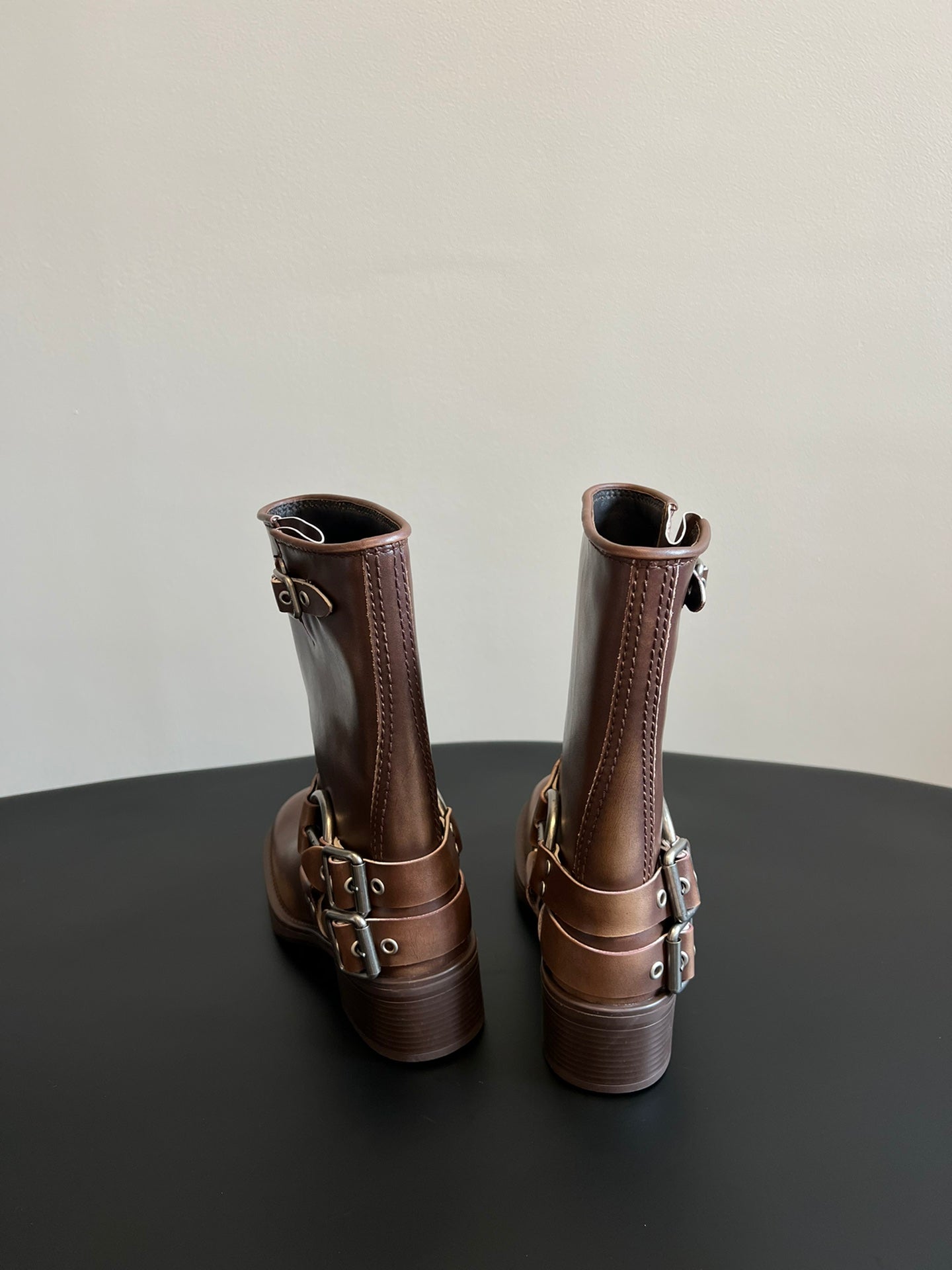 Miu 26s Mid-Calf Boots In Brown Calfskin Silver Hardware