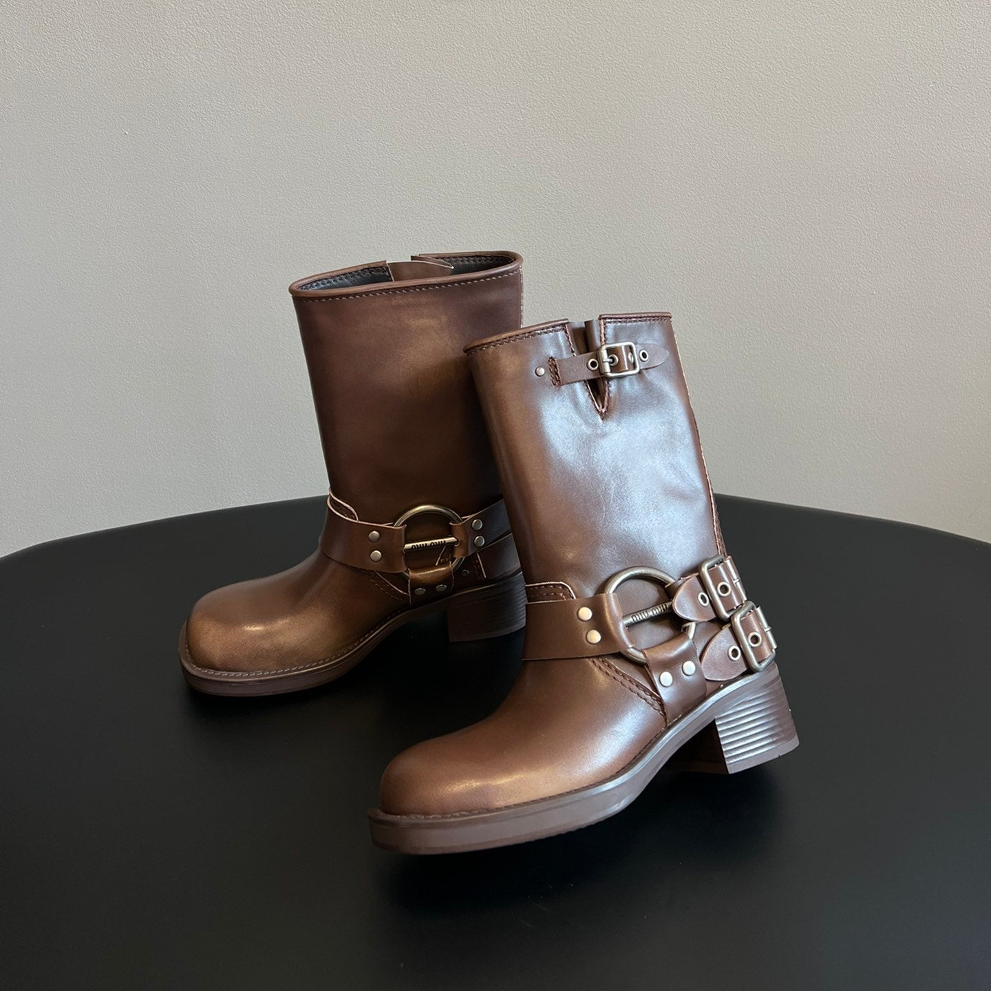 Miu 26s Mid-Calf Boots In Brown Calfskin Silver Hardware
