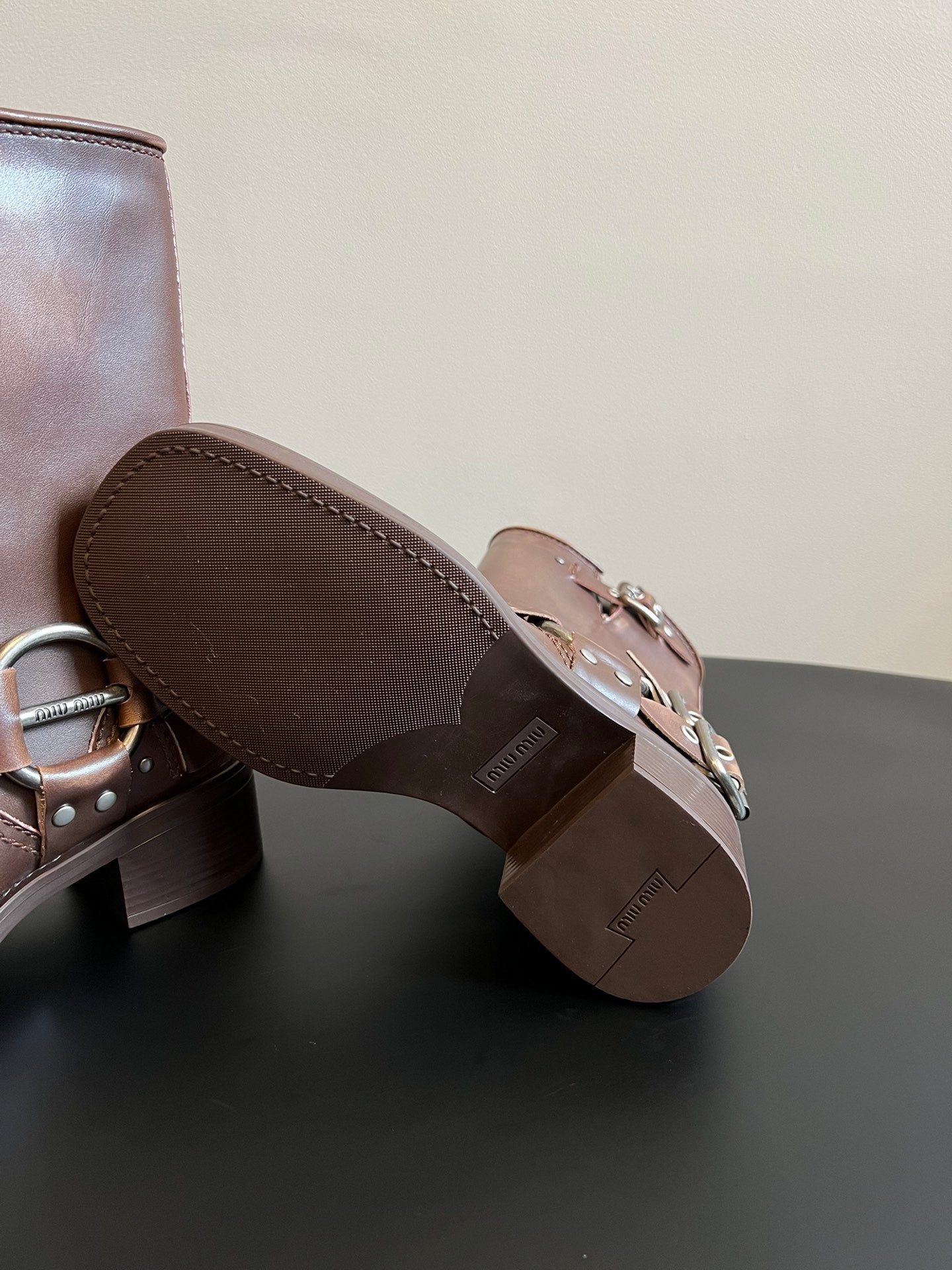 Miu 26s Mid-Calf Boots In Brown Calfskin Silver Hardware