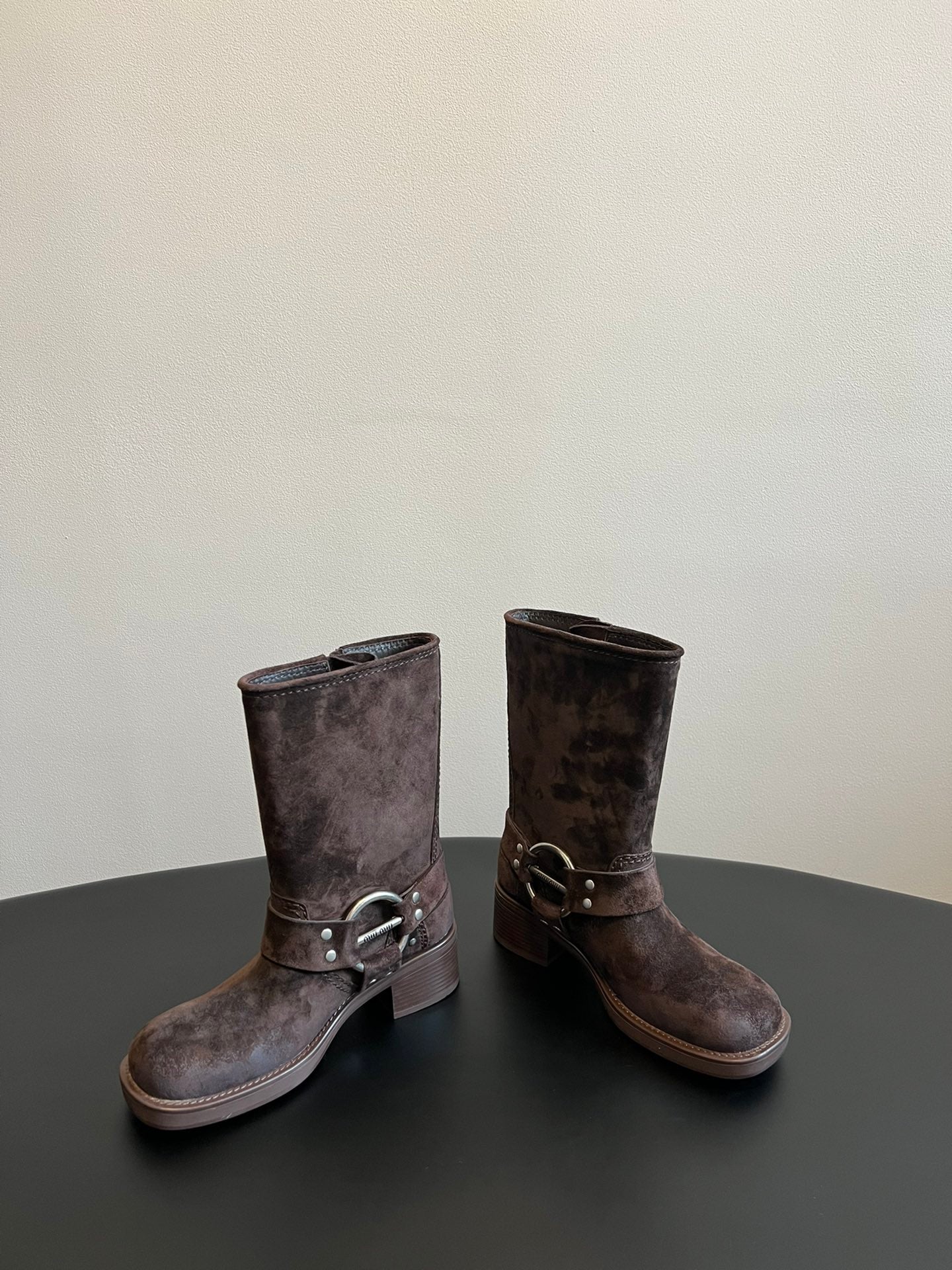Miu 26s Mid-Calf Boots In Dark Brown Suede Silver Hardware