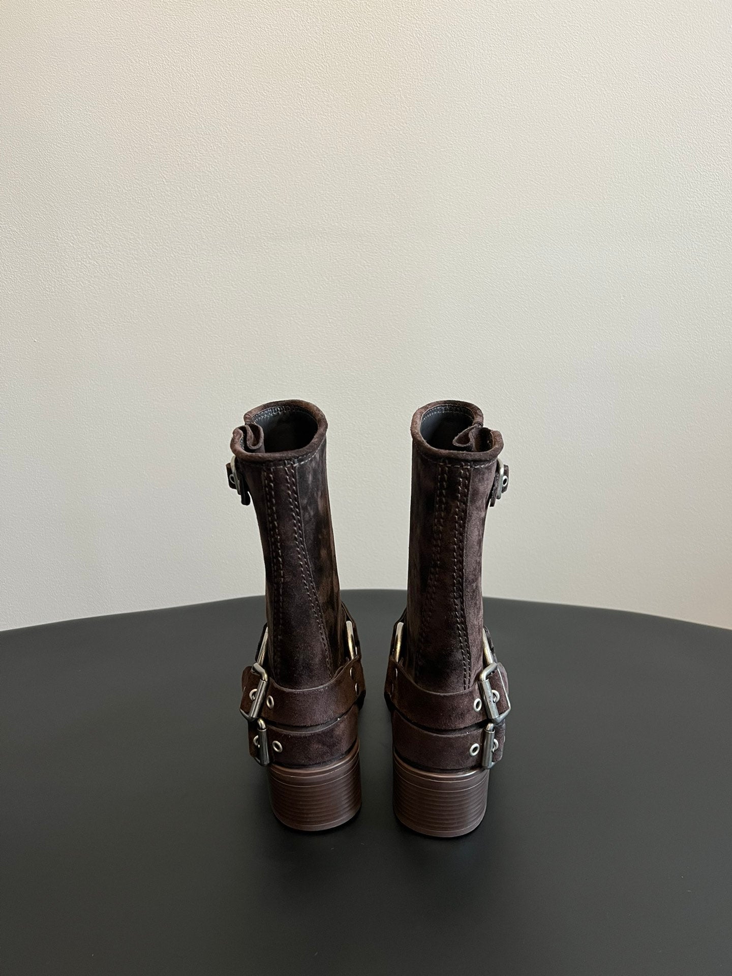 Miu 26s Mid-Calf Boots In Dark Brown Suede Silver Hardware