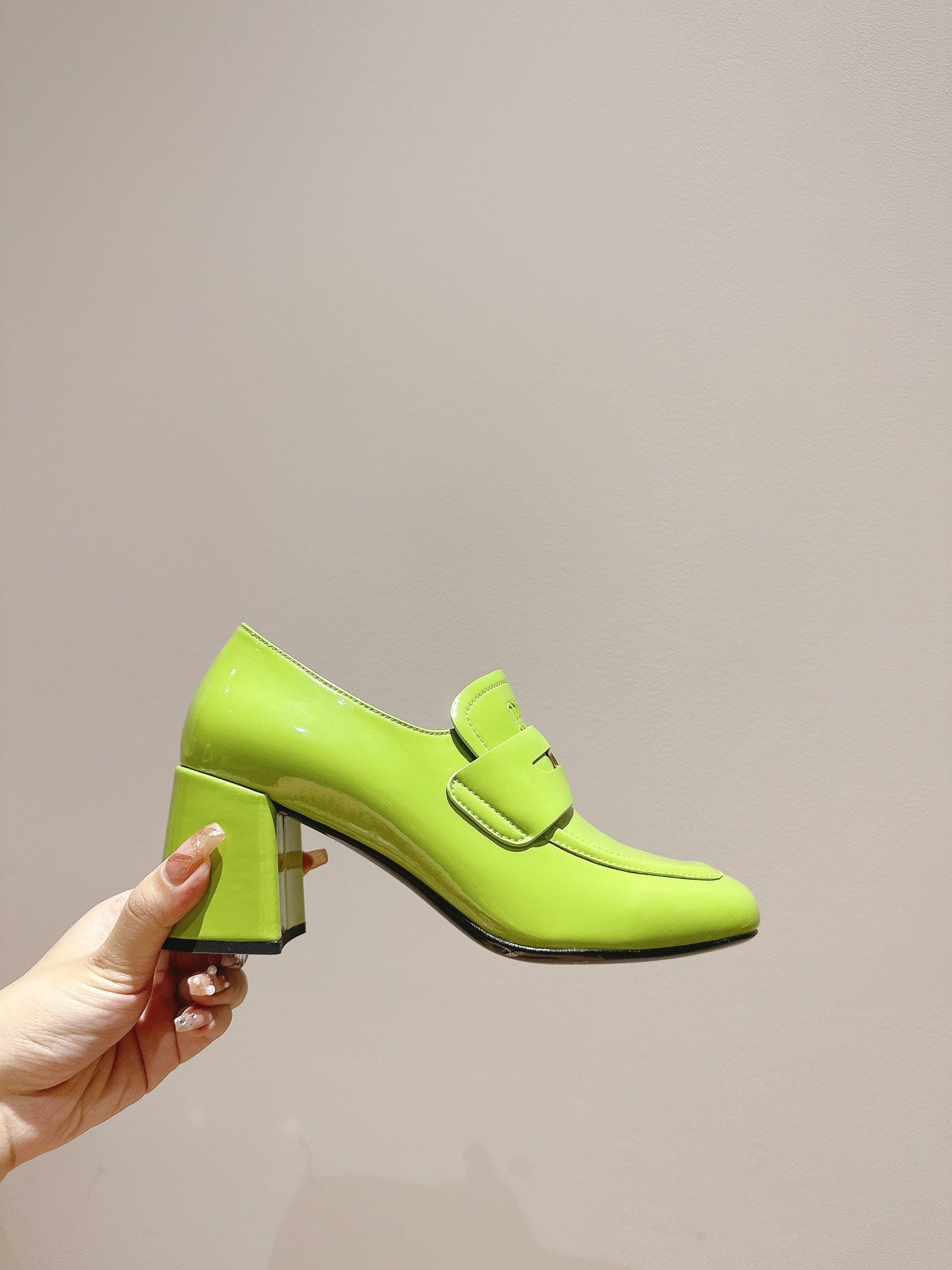 Miu 26s Heel Loafers 75mm In Green Glossy Calfskin Gold Hardware