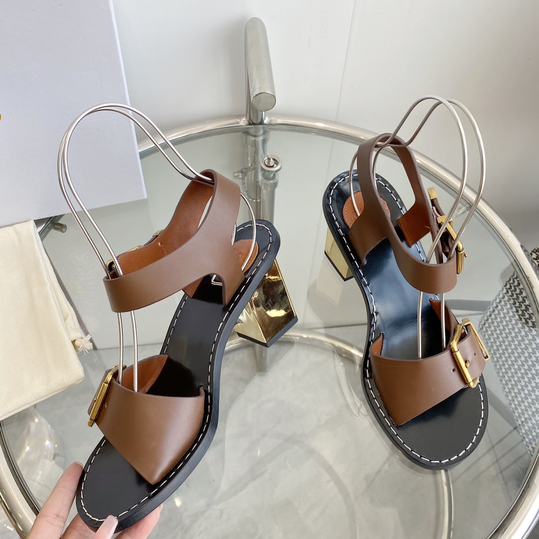 CHLOÉ REBECCA LOW HEELED SANDAL IN RUSSET BROWN LAMBSKIN GOLD HARDWARE