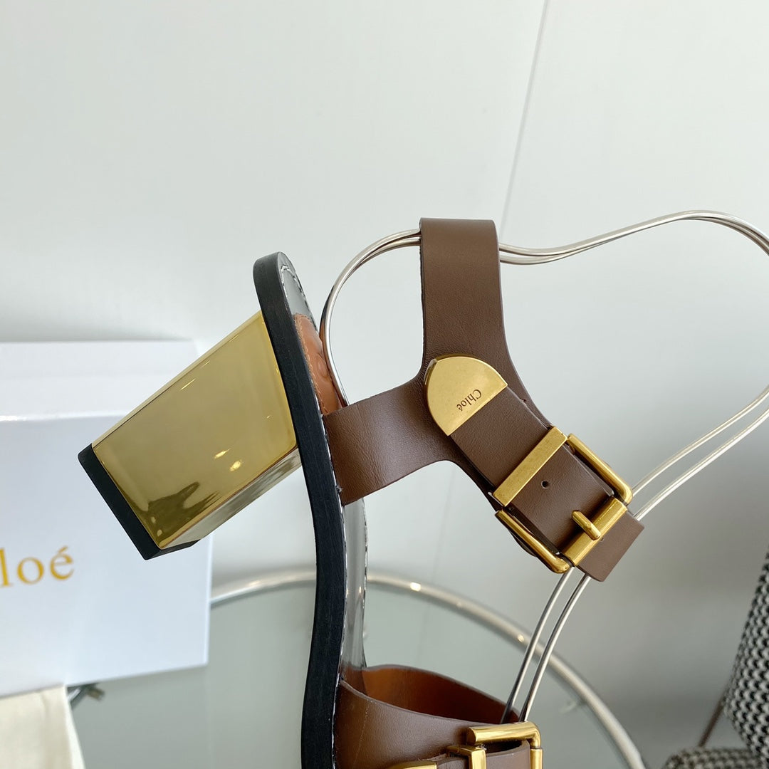 CHLOÉ REBECCA LOW HEELED SANDAL IN RUSSET BROWN LAMBSKIN GOLD HARDWARE