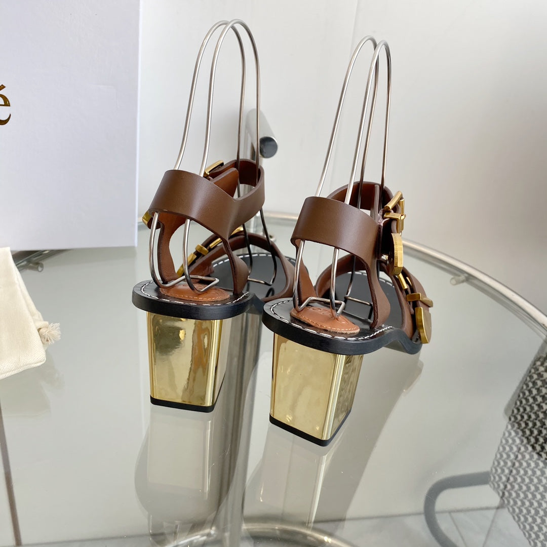 CHLOÉ REBECCA LOW HEELED SANDAL IN RUSSET BROWN LAMBSKIN GOLD HARDWARE