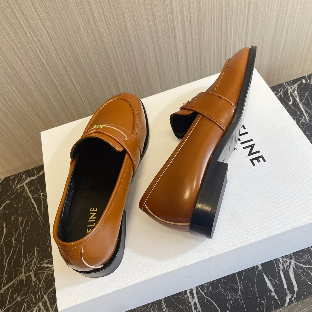 Celine 26s Malaquais Loafers Tan Brown Polished Leather 944359