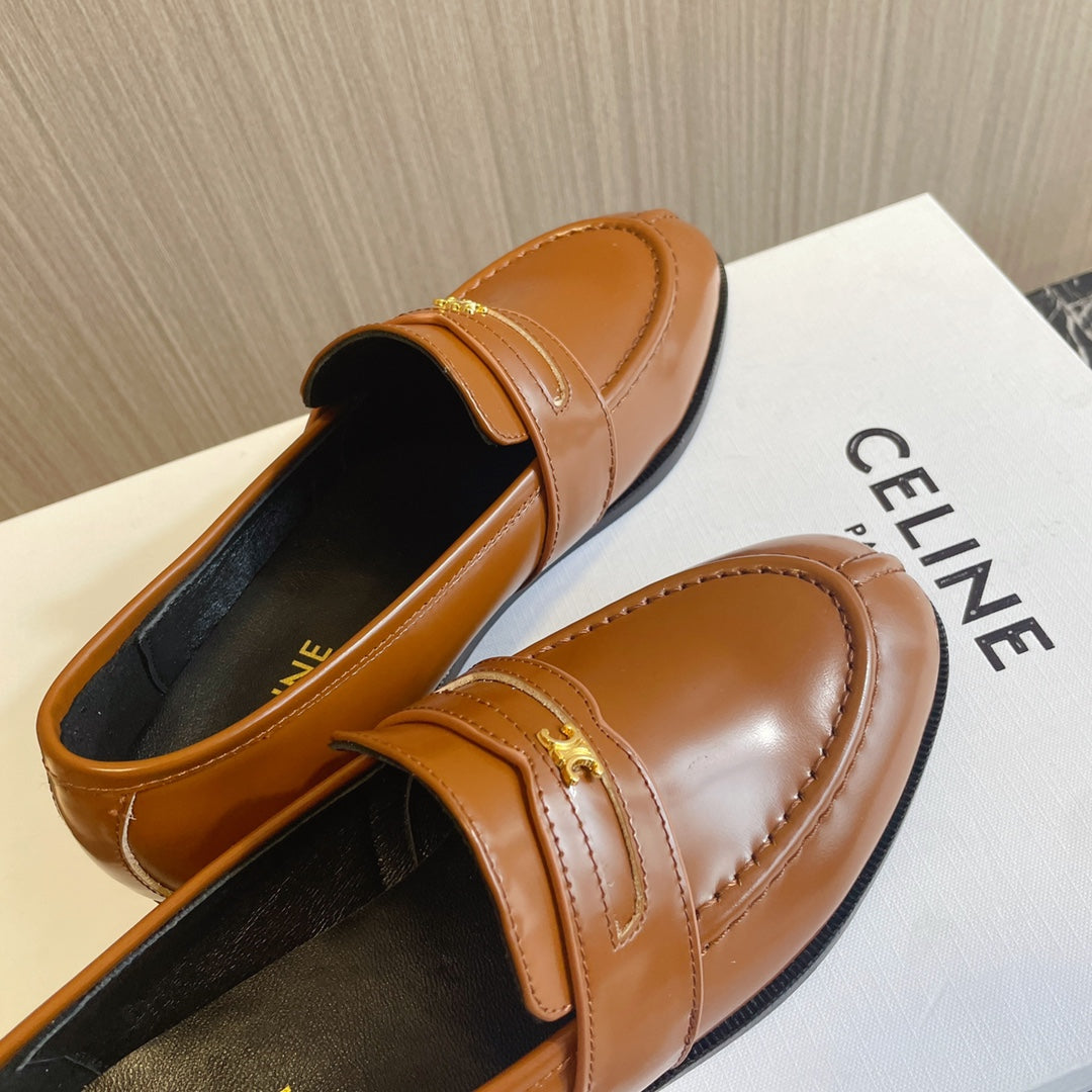 Celine 26s Malaquais Loafers Tan Brown Polished Leather 944359