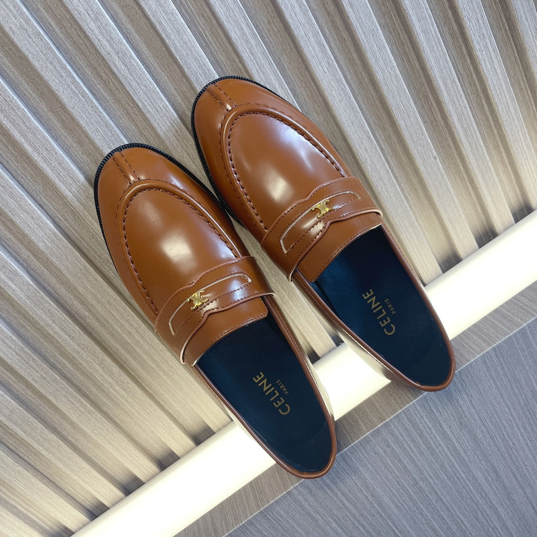 Celine 26s Malaquais Loafers Tan Brown Polished Leather 944359