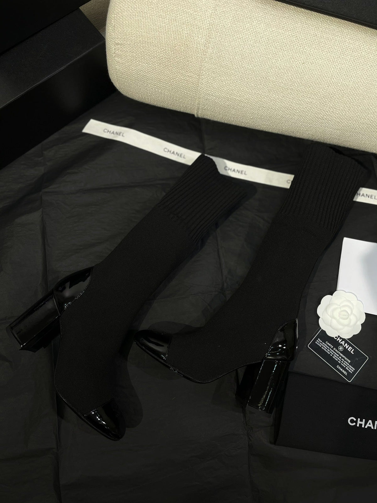 Chanel 26s Sock Boots 8.5cm Black Knit Patent Leather 156615