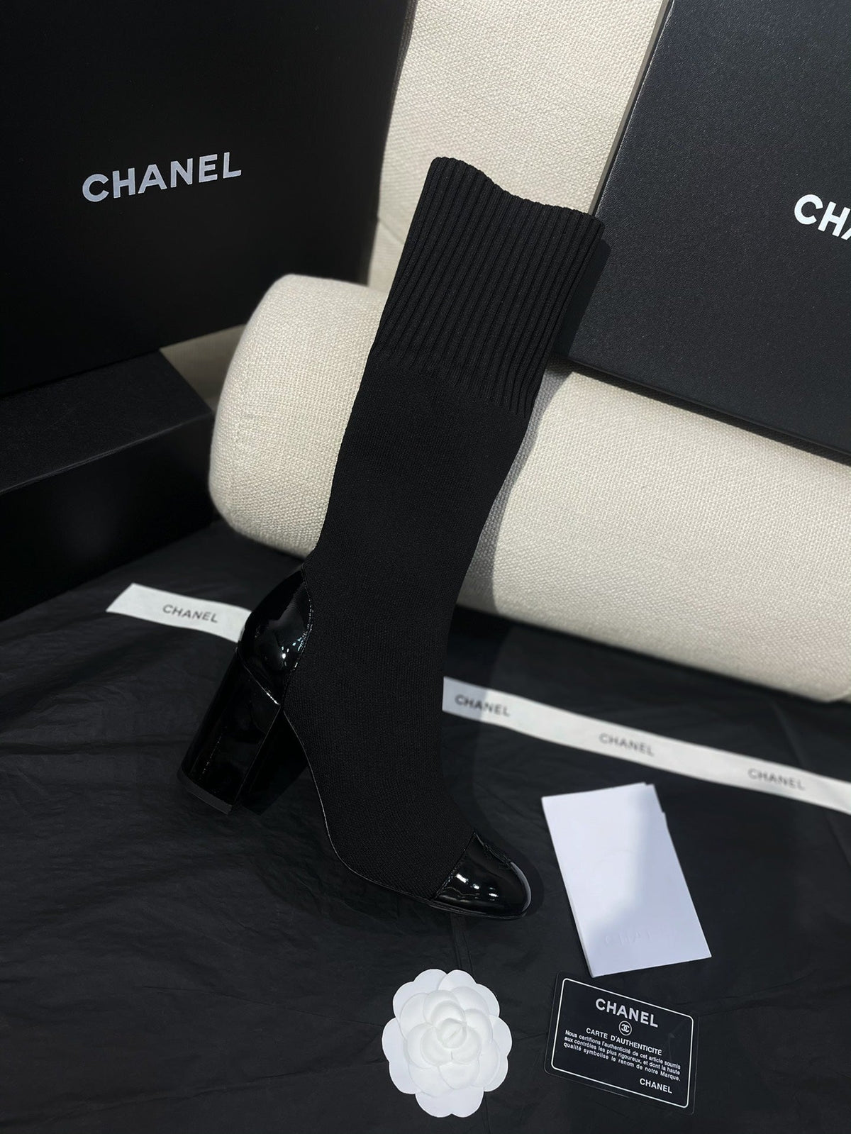 Chanel 26s Sock Boots 8.5cm Black Knit Patent Leather 156615