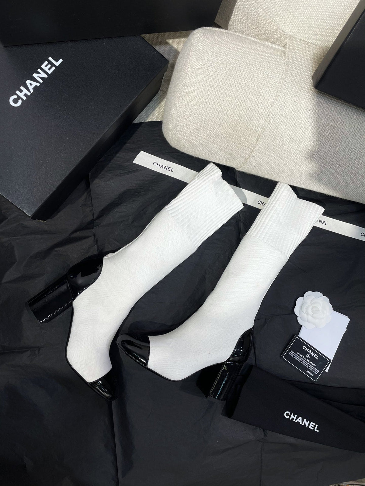 Chanel 26s Sock Boots 8.5cm White Black Knit Patent Leather 156616