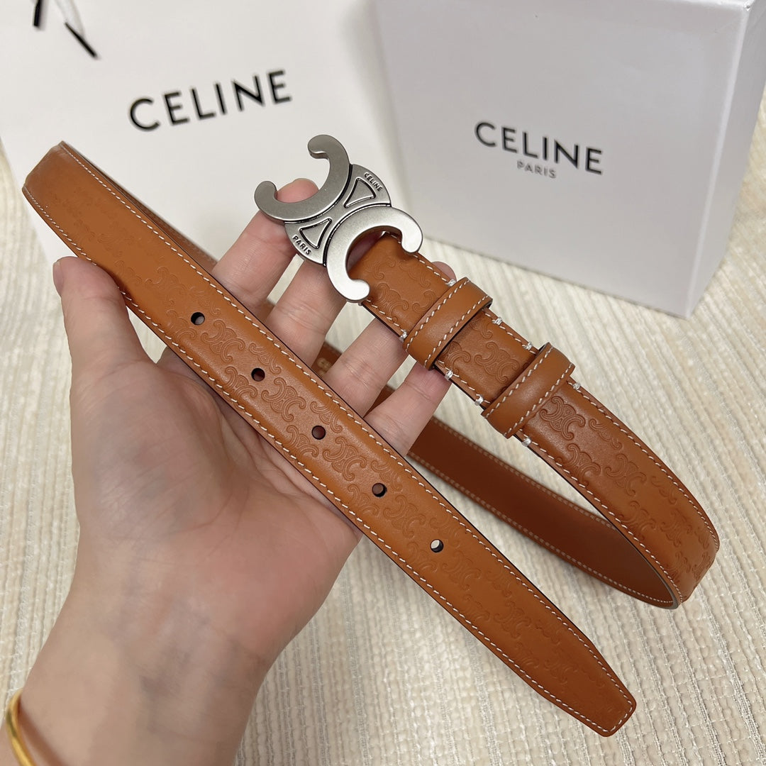 Medium Triomphe Belt 25mm Tan Calfskin White Line Finishing Silver Finishing