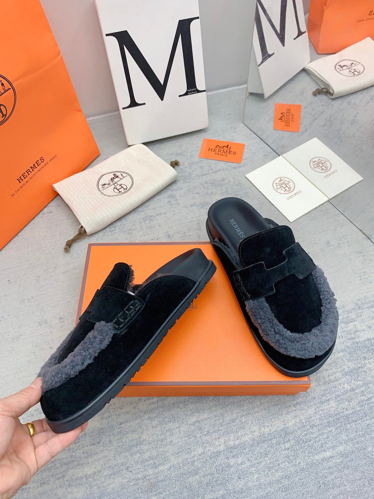 HM 26s Go Mules Black Suede Grey Shearling 160887