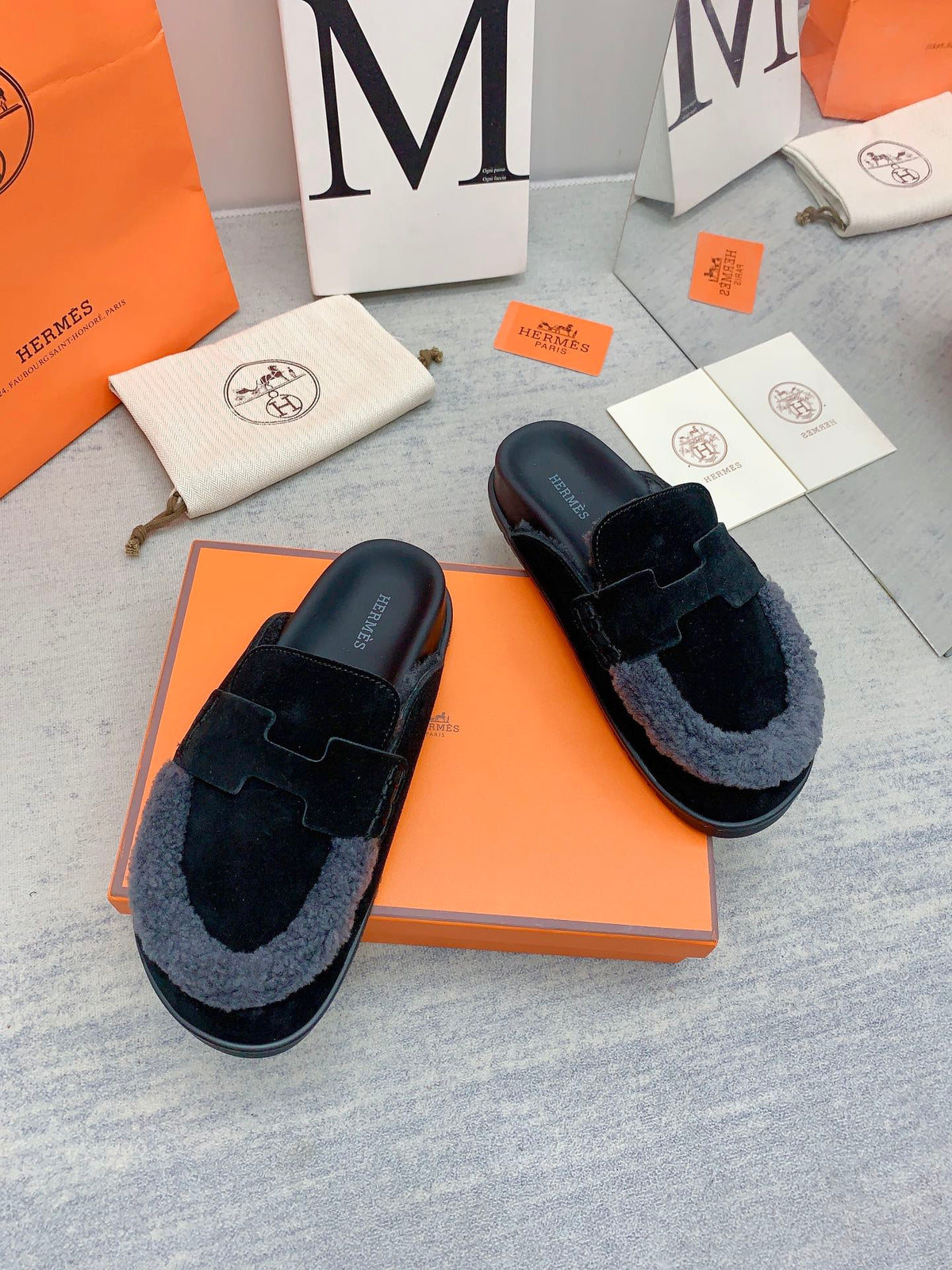 HM 26s Go Mules Black Suede Grey Shearling 160887