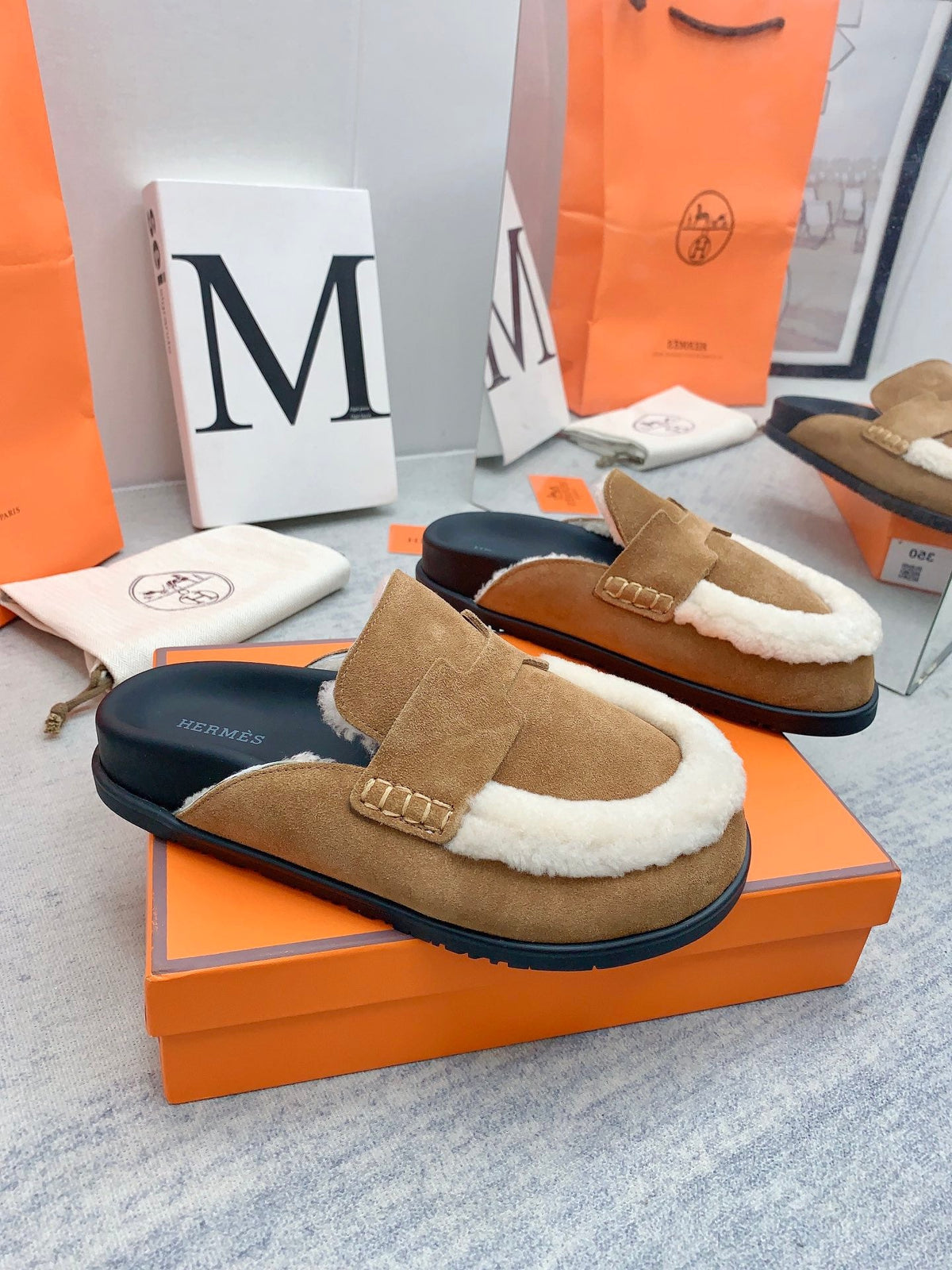 HM 26s Go Mules Tan Suede Shearling 160888