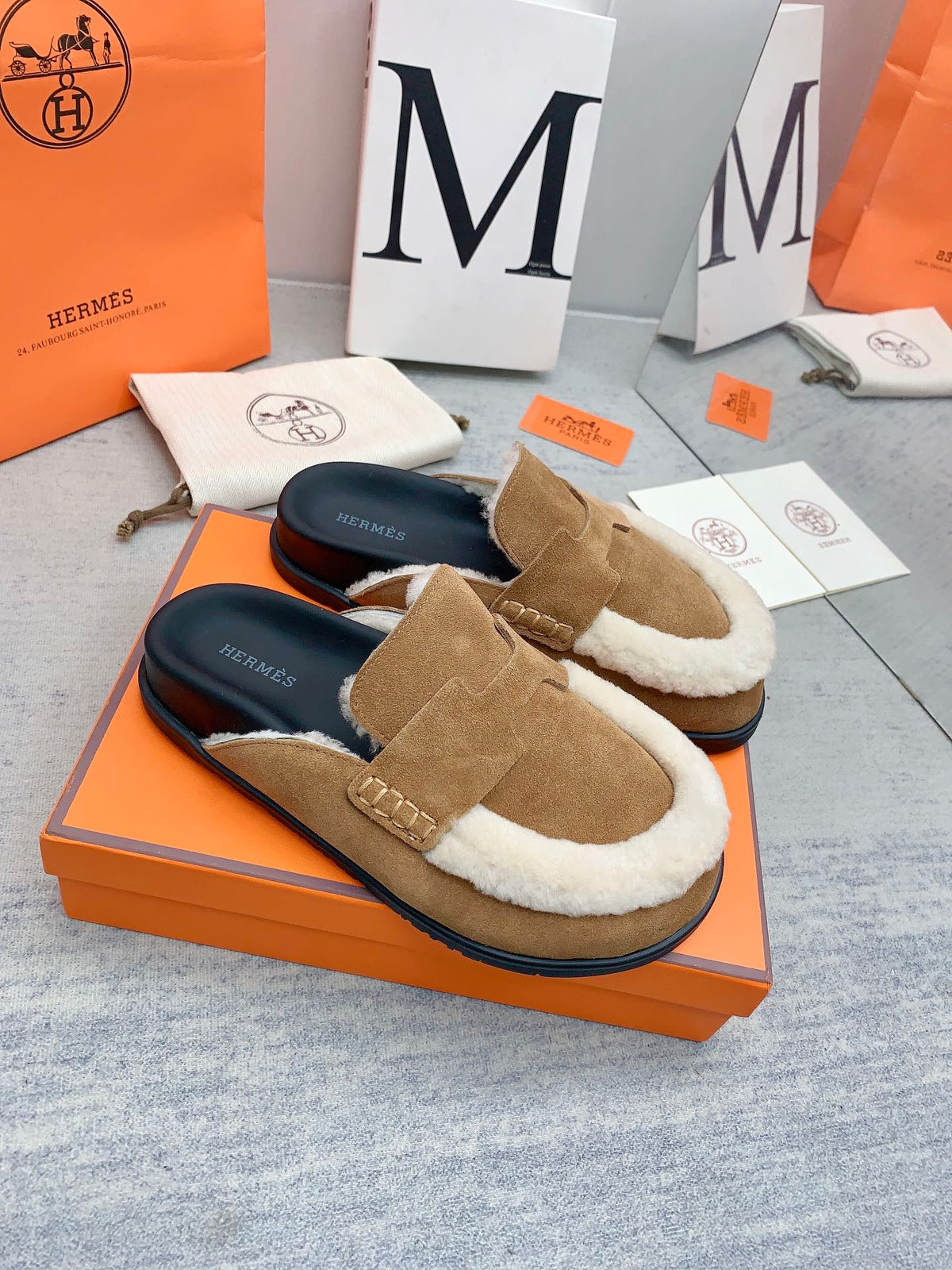 HM 26s Go Mules Tan Suede Shearling 160888