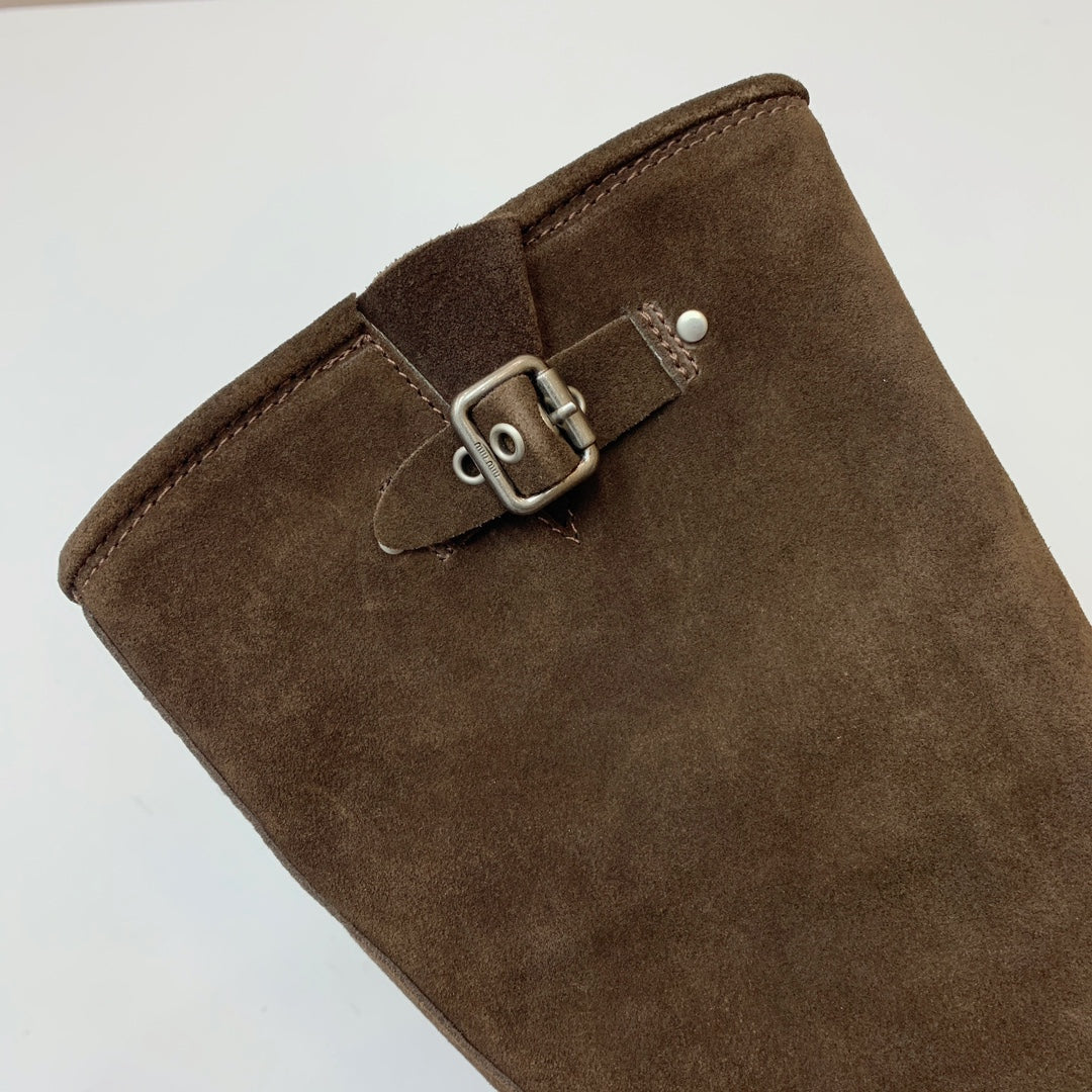 Miu Miu Biker Retro-Style Long Boots Brown Suede 535201