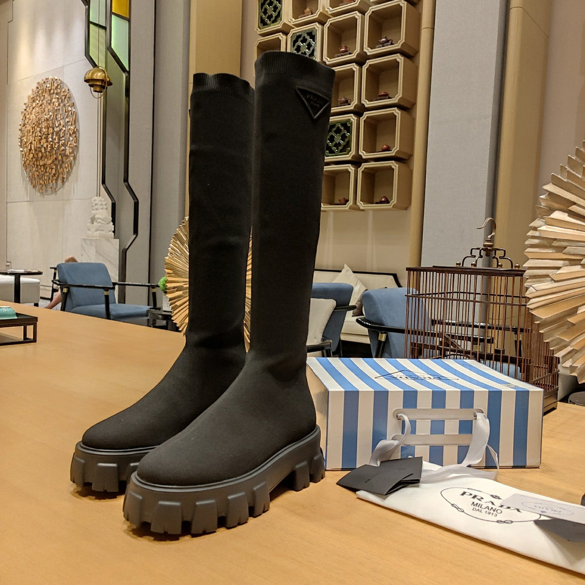 Prada 26s Knee-High Boots 6cm Brown Knit Lug-Sole Triangle Logo 109461