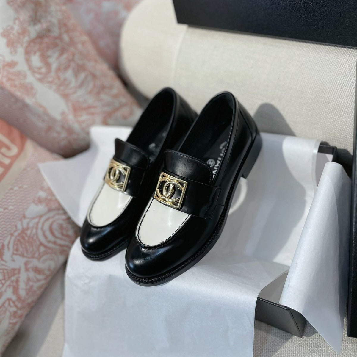 Chanel 26s Loafers Black White Smooth Leather 156352