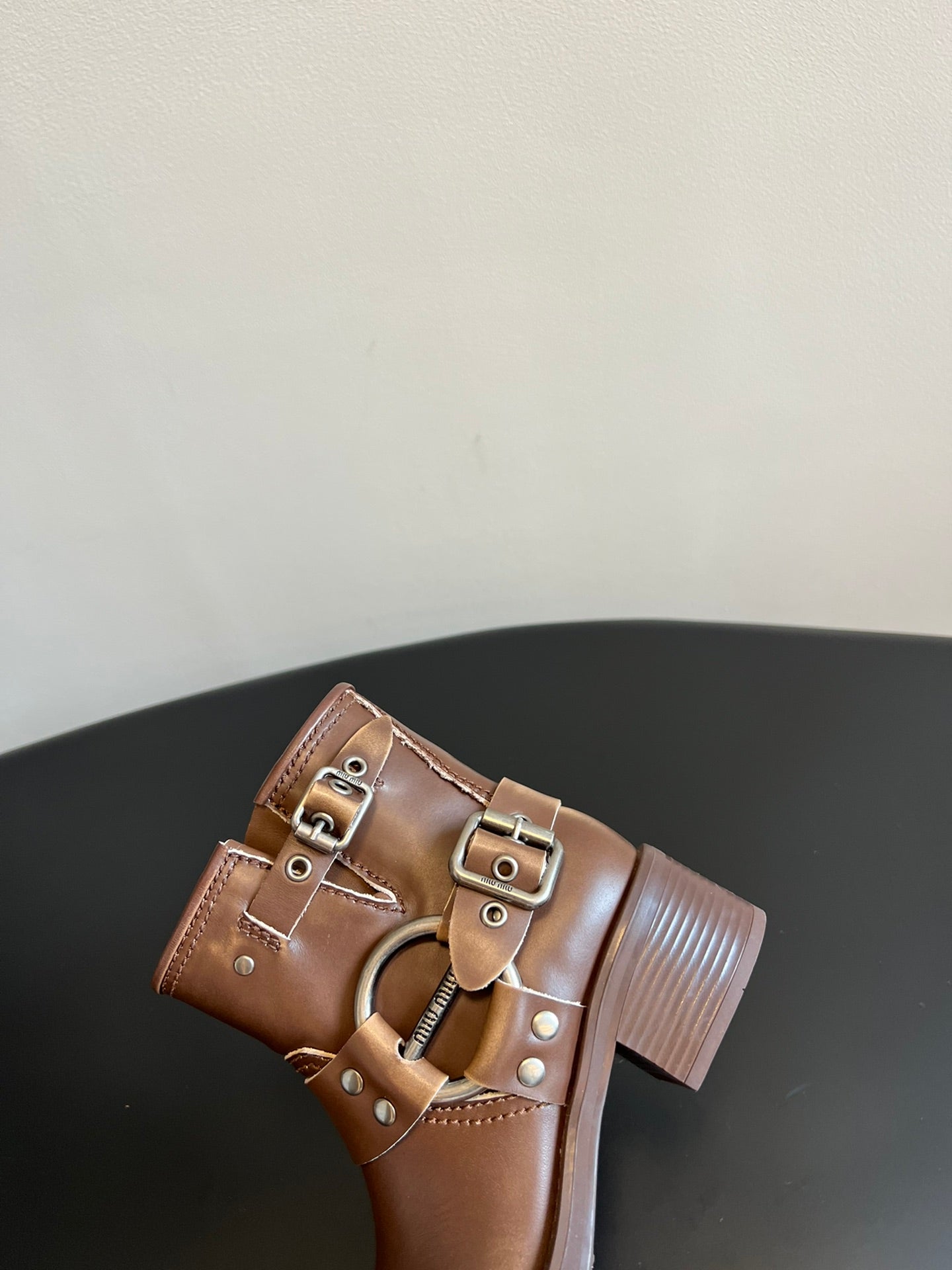 Miu 26s Ankle Boots In Brown Calfskin Silver Hardware
