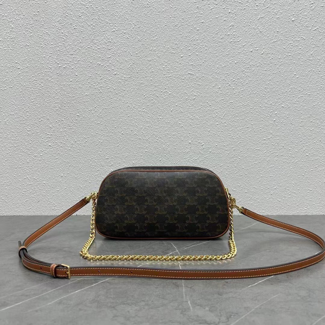 Celine Mini Camera Shoulder Bag Triomphe Black Brown Canvas & Calfskin
