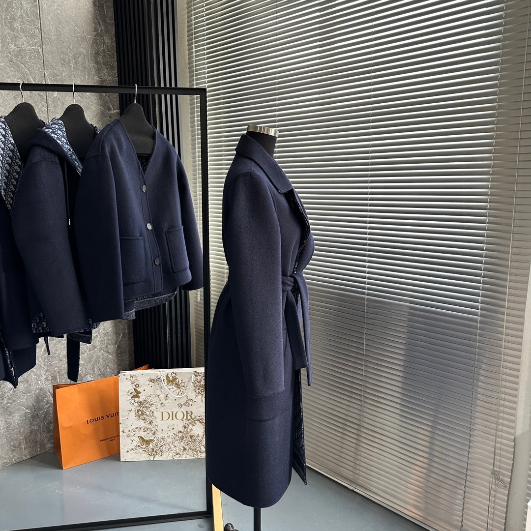 CD 26s Belted Long Wool Coat Navy Blue Cashmere Wool 429353