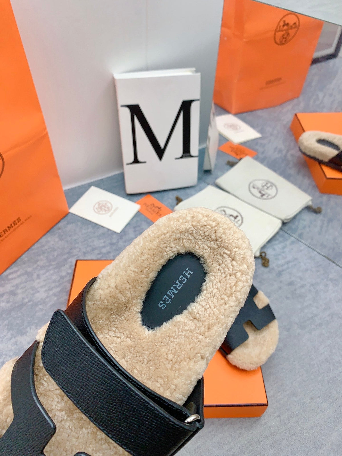 HM 26s Chypre Sandals Black Caviar Leather Shearling 160901