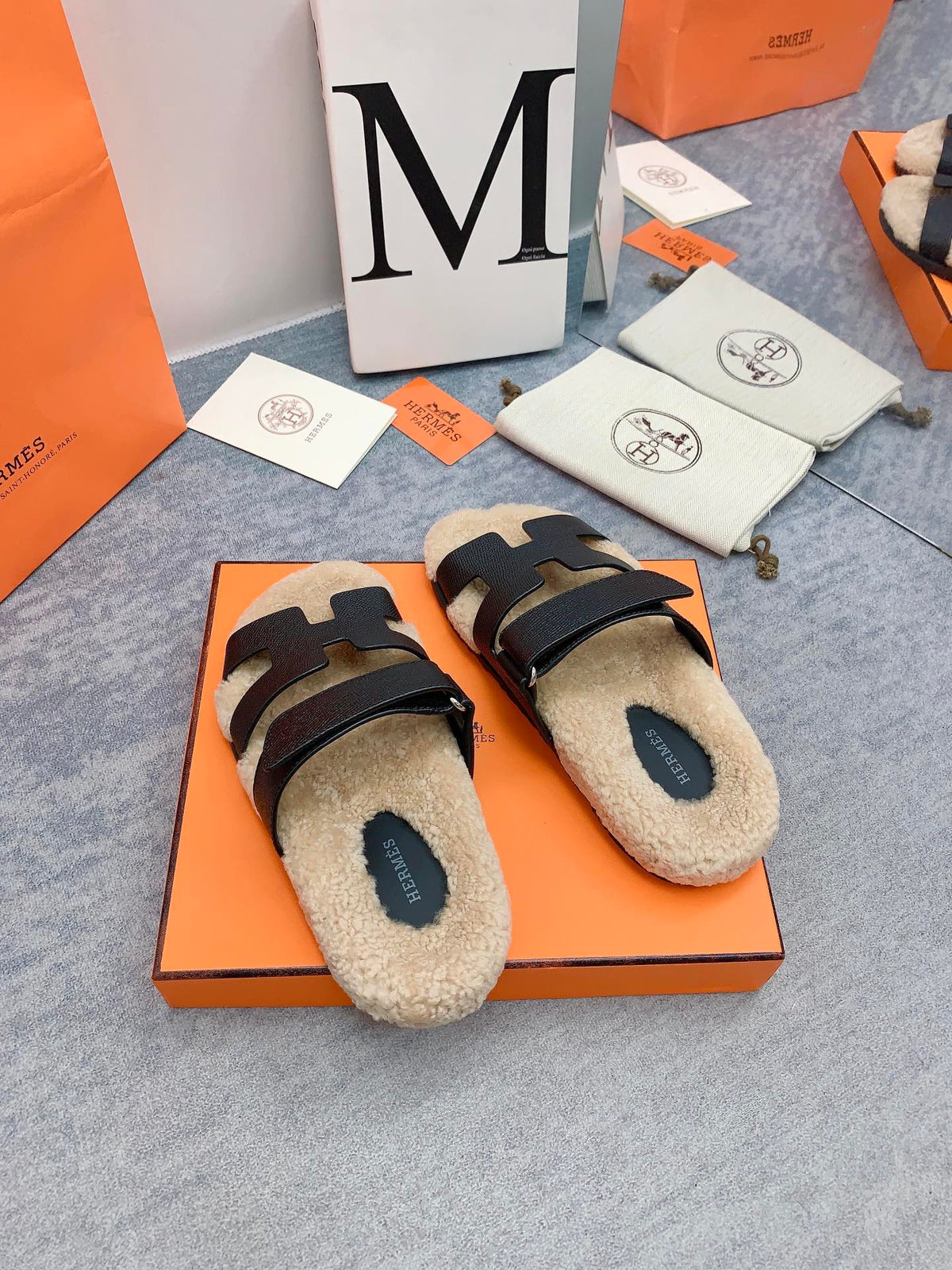 HM 26s Chypre Sandals Black Caviar Leather Shearling 160901